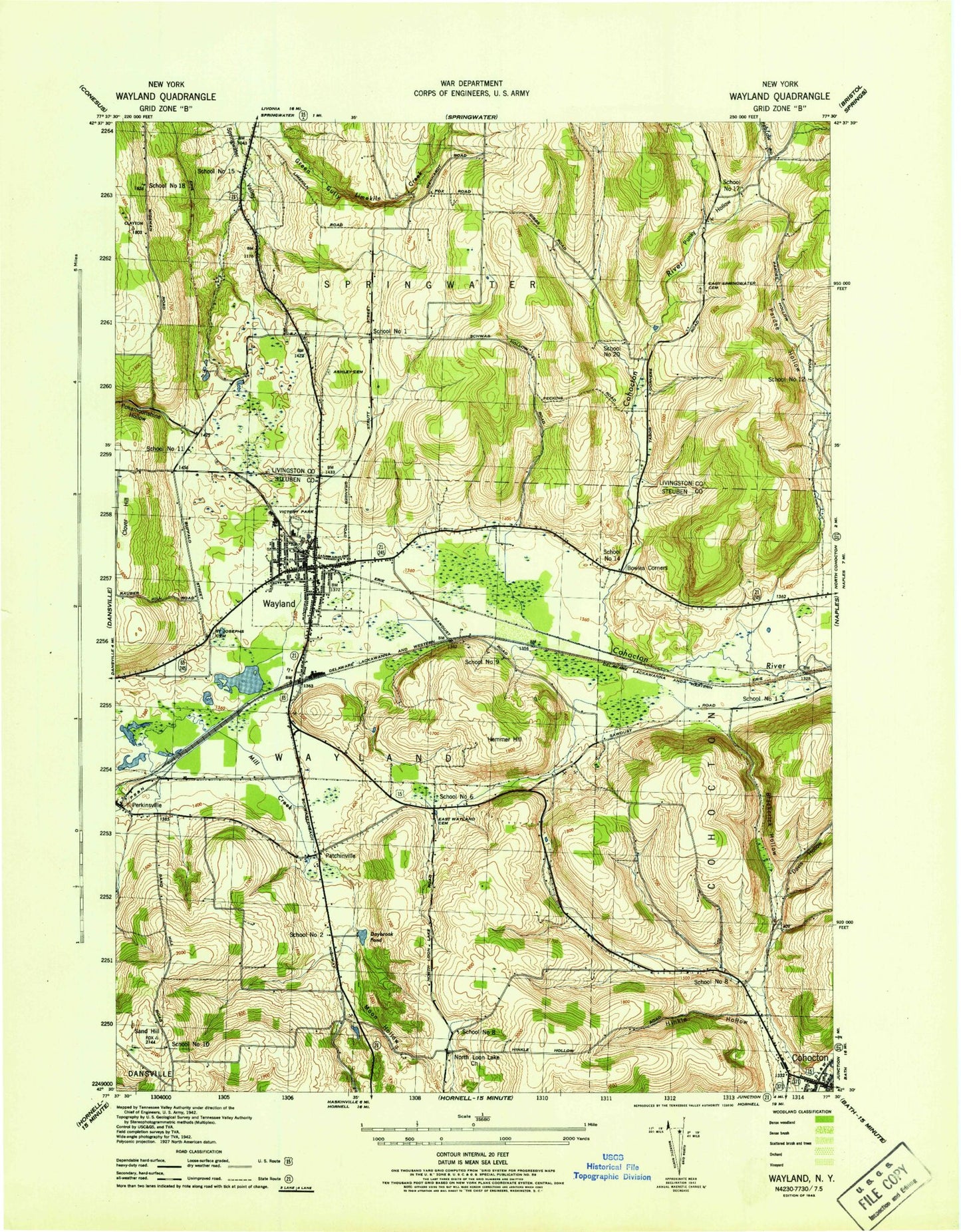 Classic USGS Wayland New York 7.5'x7.5' Topo Map Image