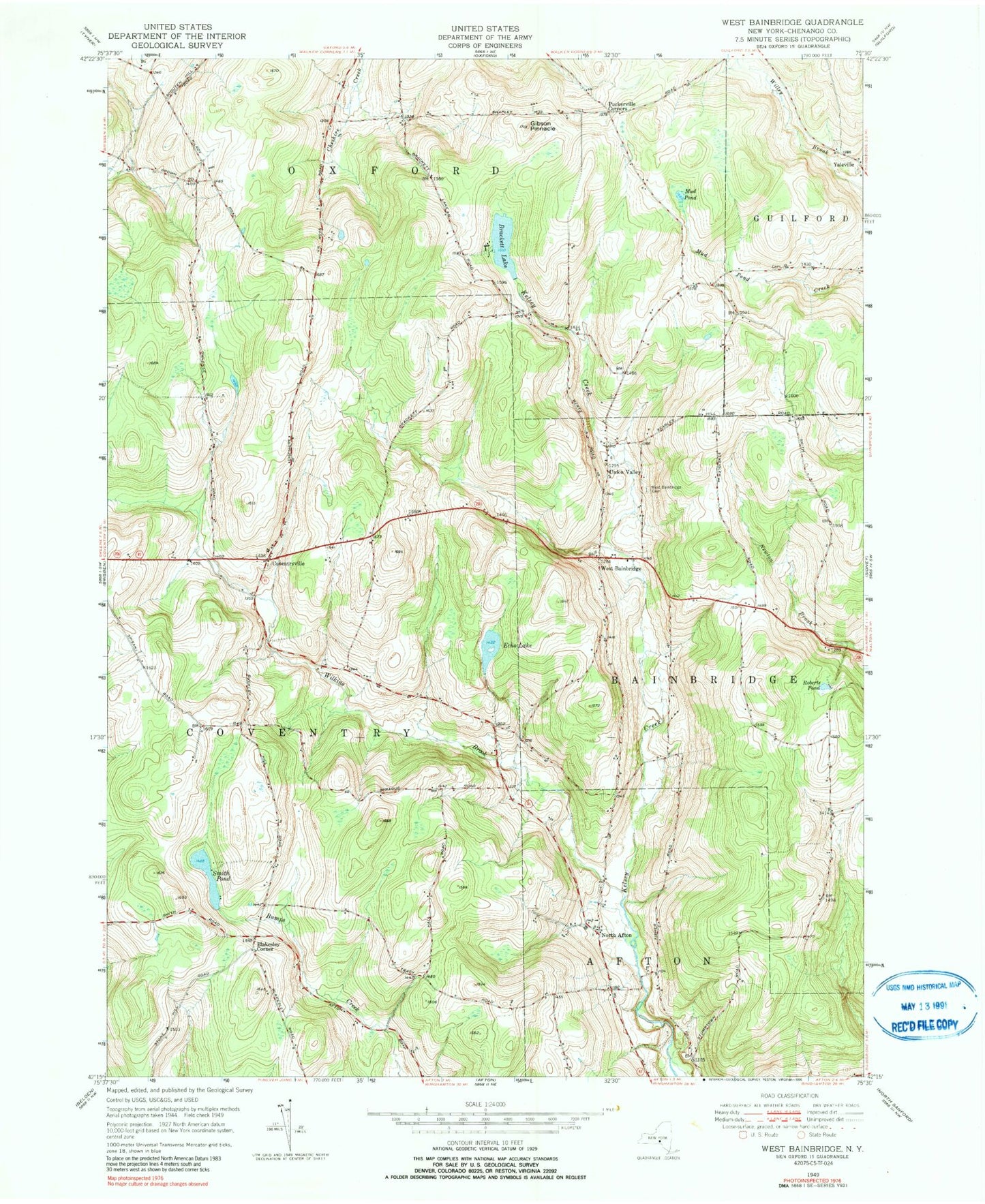 Classic USGS West Bainbridge New York 7.5'x7.5' Topo Map Image