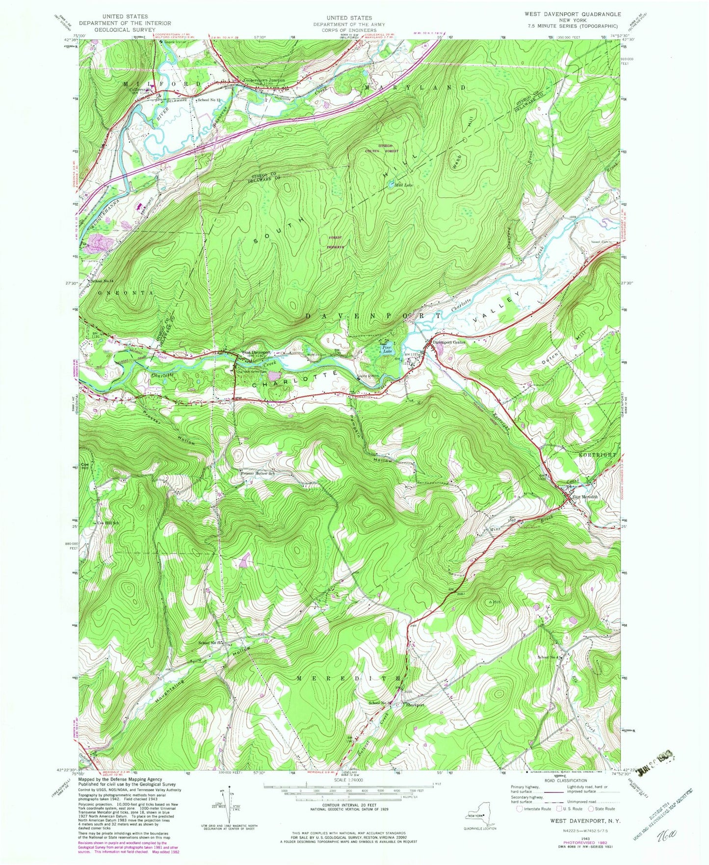 Classic USGS West Davenport New York 7.5'x7.5' Topo Map Image