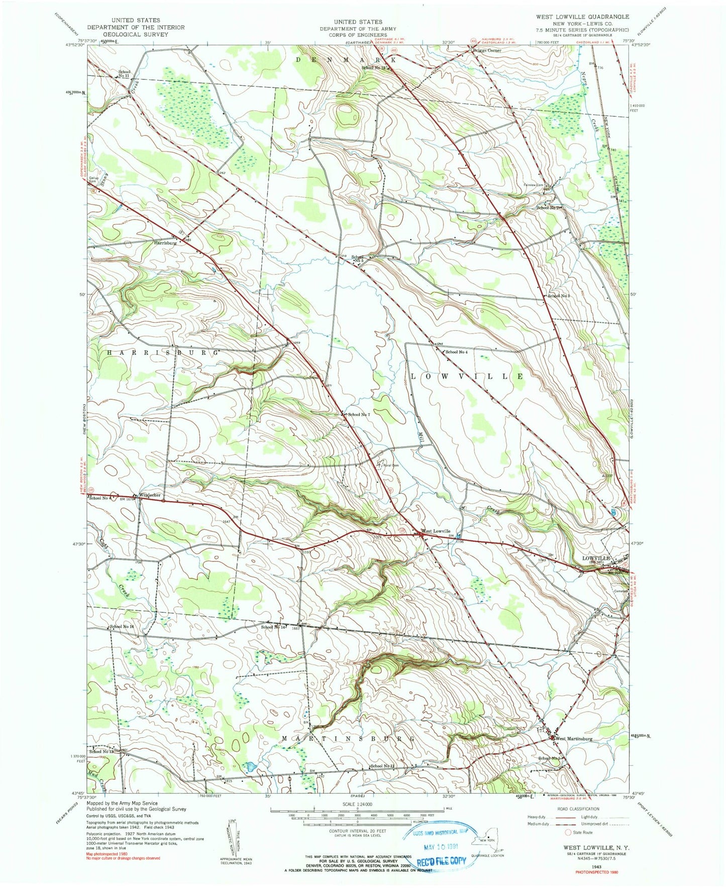 Classic USGS West Lowville New York 7.5'x7.5' Topo Map Image