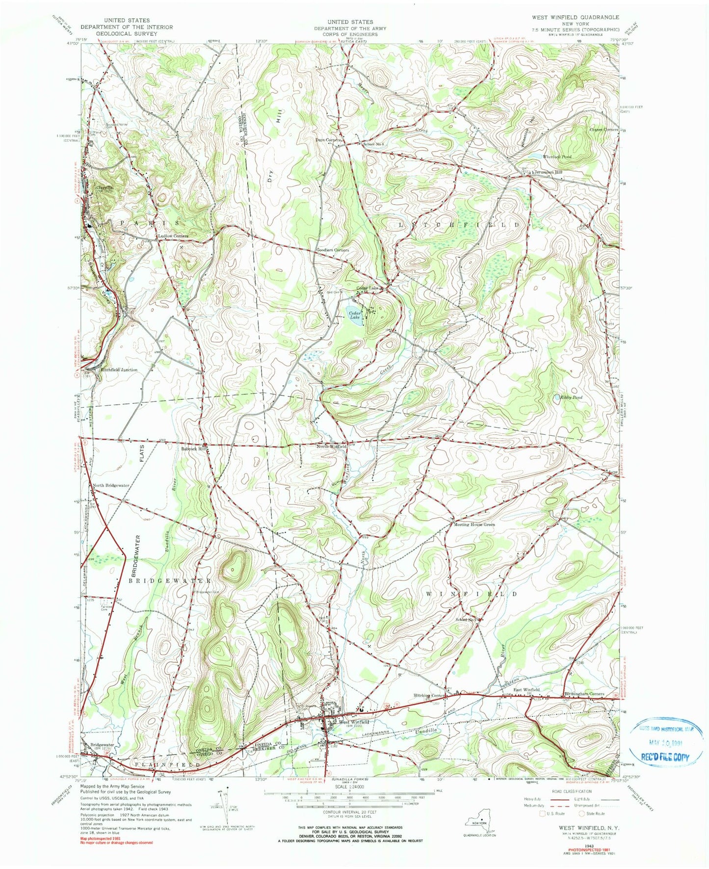 Classic USGS West Winfield New York 7.5'x7.5' Topo Map Image