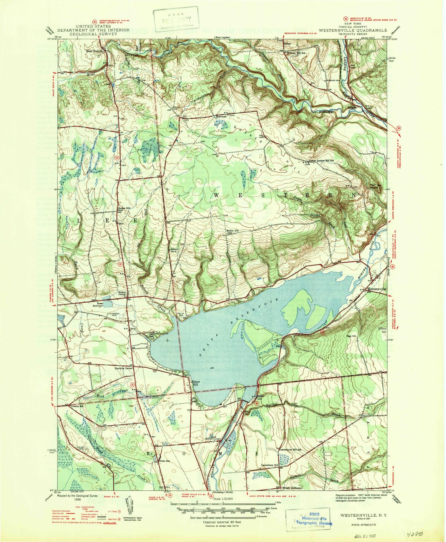 Classic USGS Westernville New York 7.5'x7.5' Topo Map Image