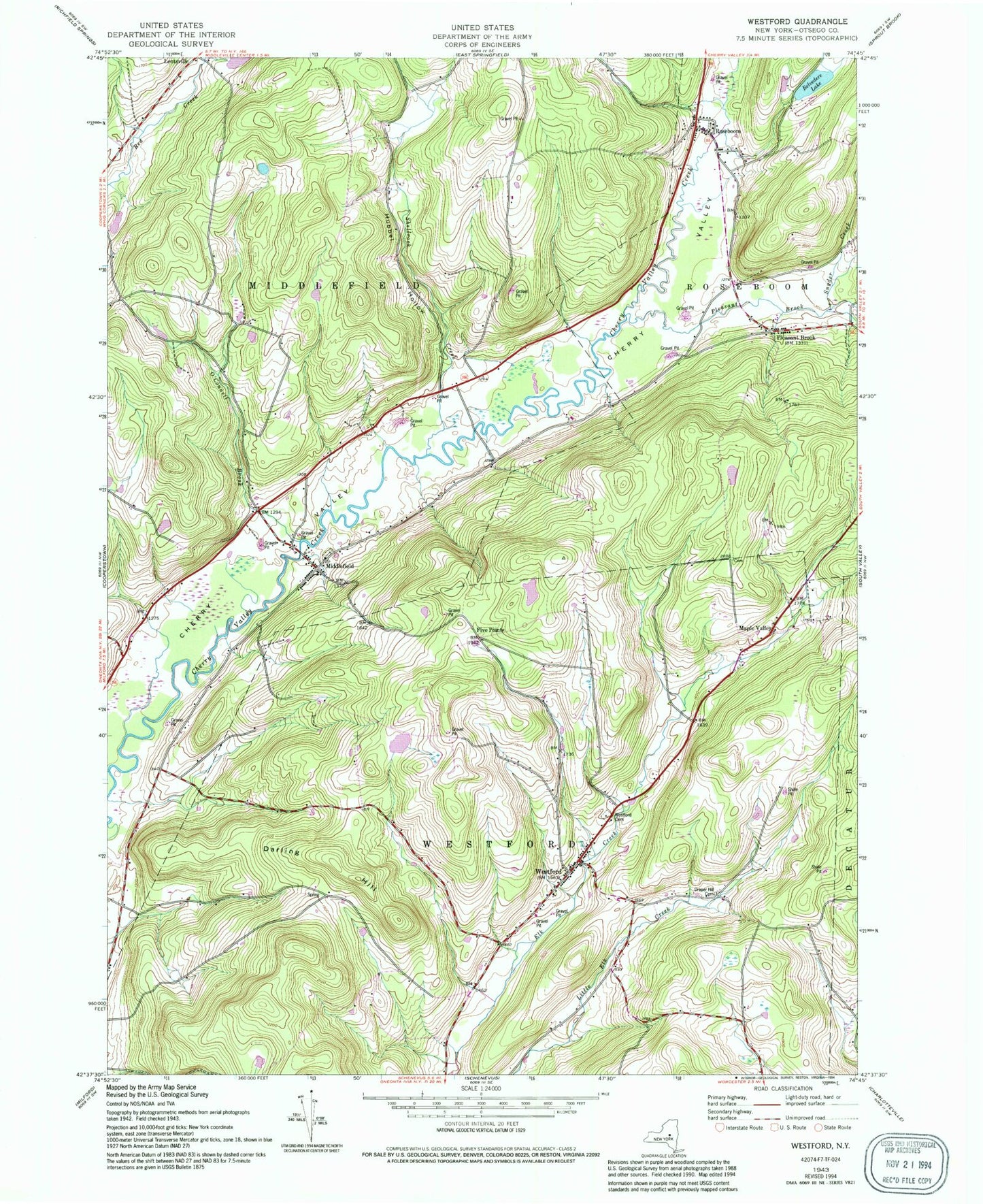 Classic USGS Westford New York 7.5'x7.5' Topo Map Image