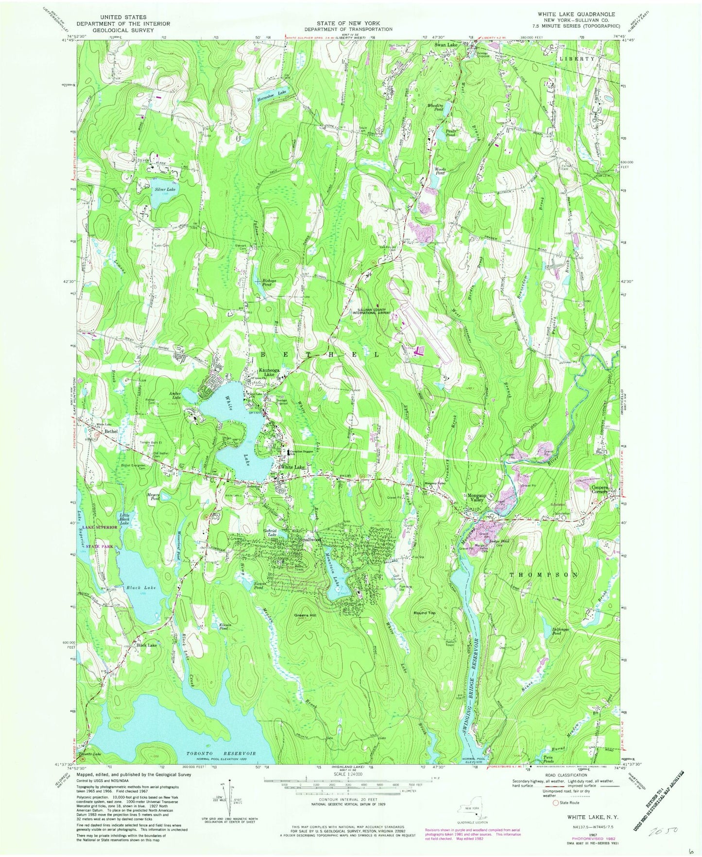 Classic USGS White Lake New York 7.5'x7.5' Topo Map Image