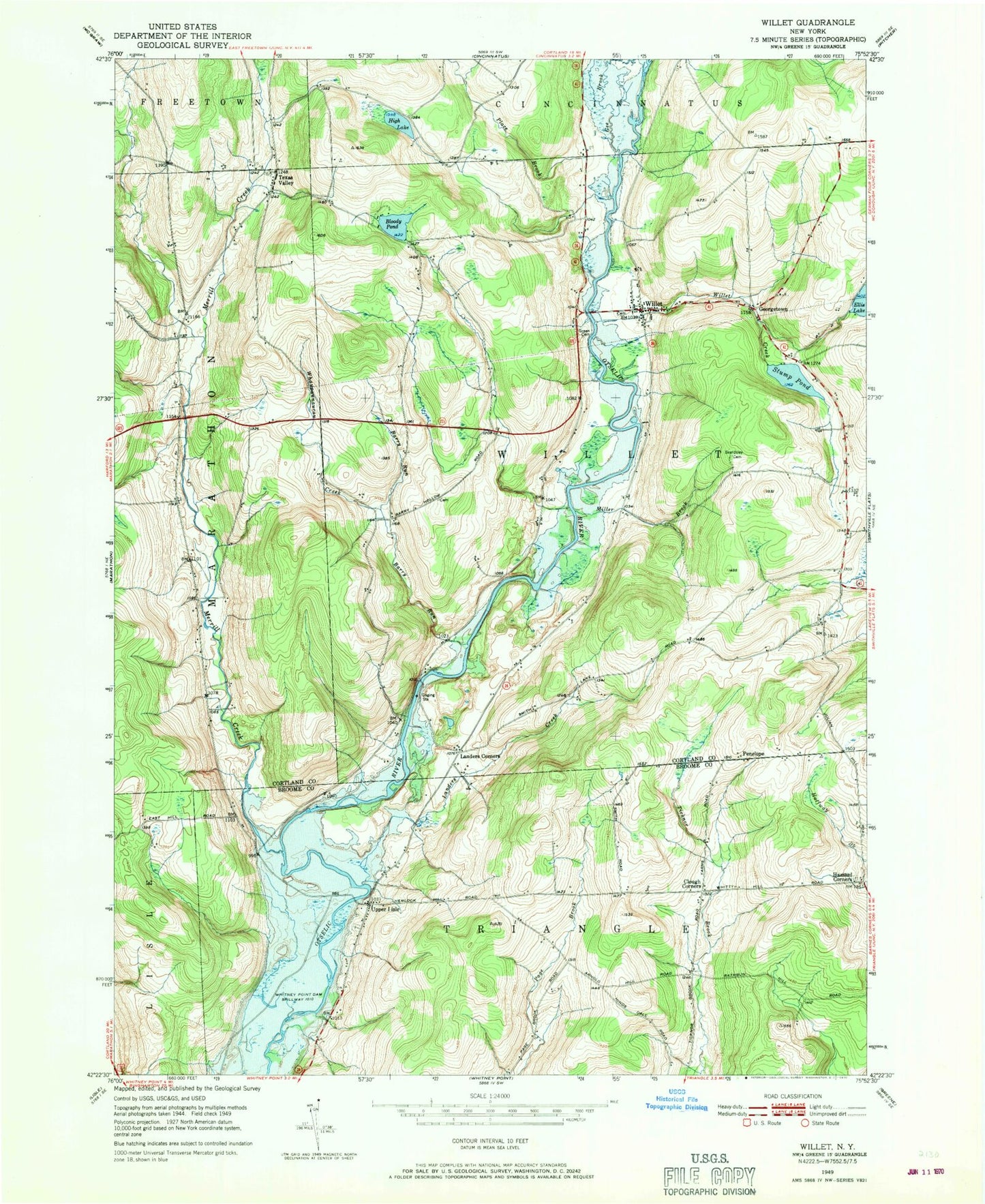 Classic USGS Willet New York 7.5'x7.5' Topo Map Image