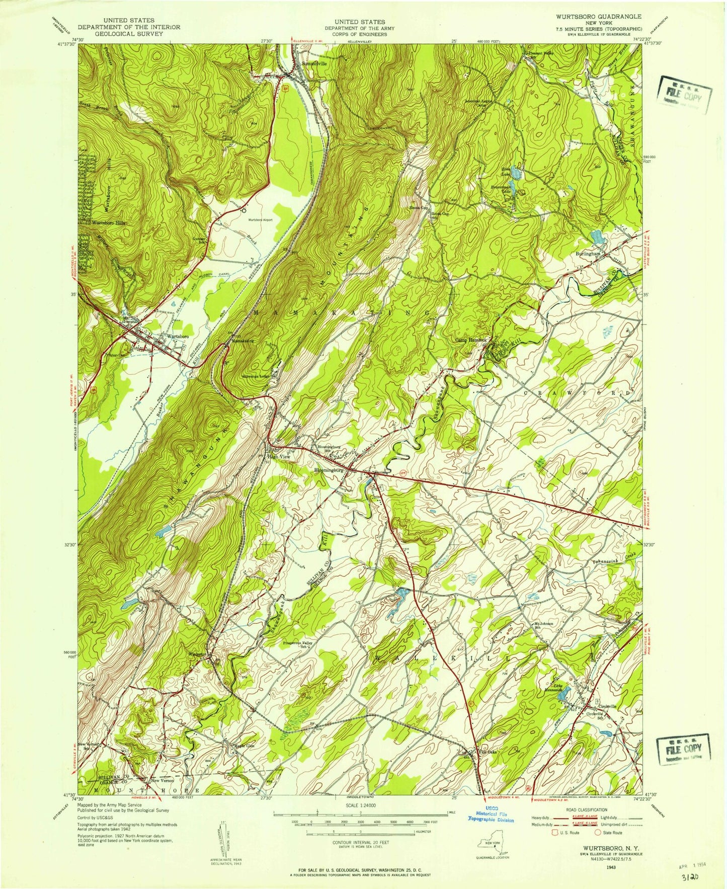 Classic USGS Wurtsboro New York 7.5'x7.5' Topo Map Image
