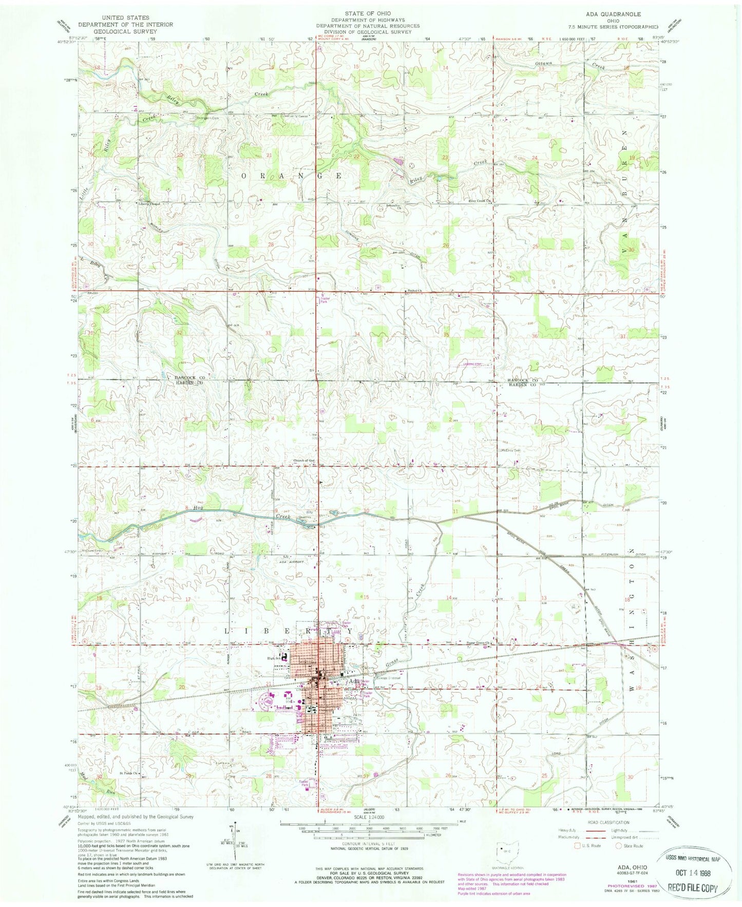Classic USGS Ada Ohio 7.5'x7.5' Topo Map Image