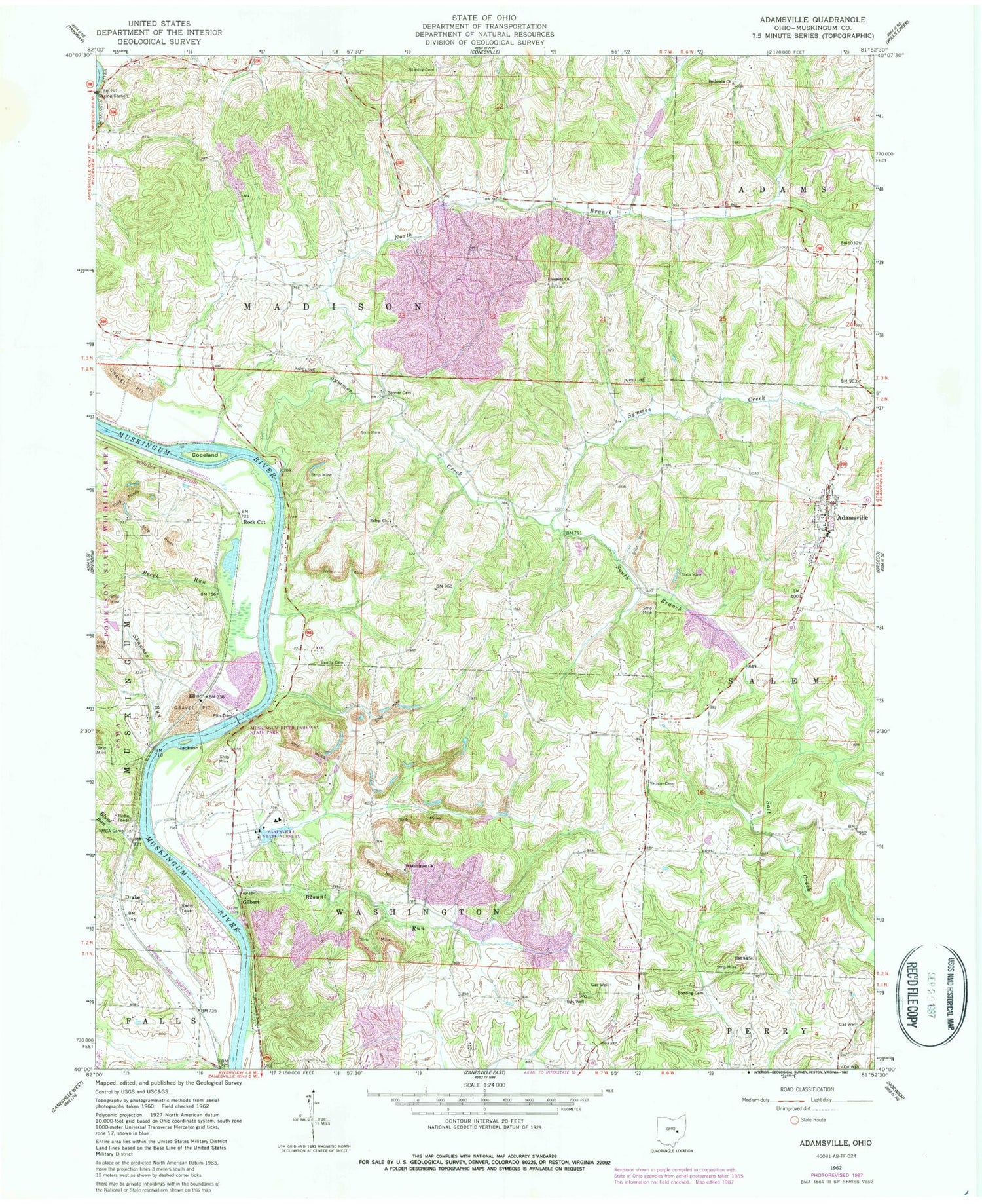 Classic USGS Adamsville Ohio 7.5'x7.5' Topo Map Image