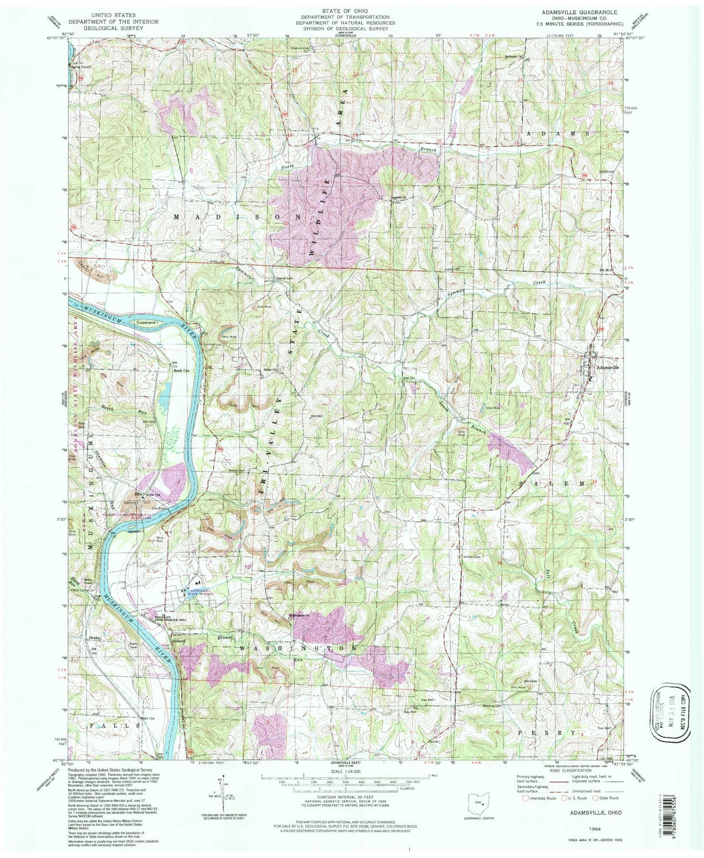 Classic USGS Adamsville Ohio 7.5'x7.5' Topo Map Image