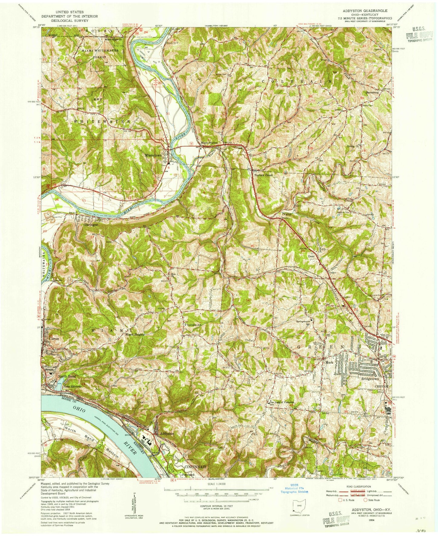 Classic USGS Addyston Ohio 7.5'x7.5' Topo Map Image