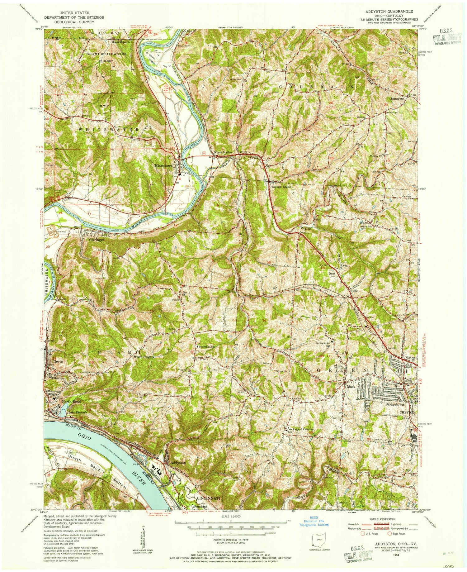Classic USGS Addyston Ohio 7.5'x7.5' Topo Map Image
