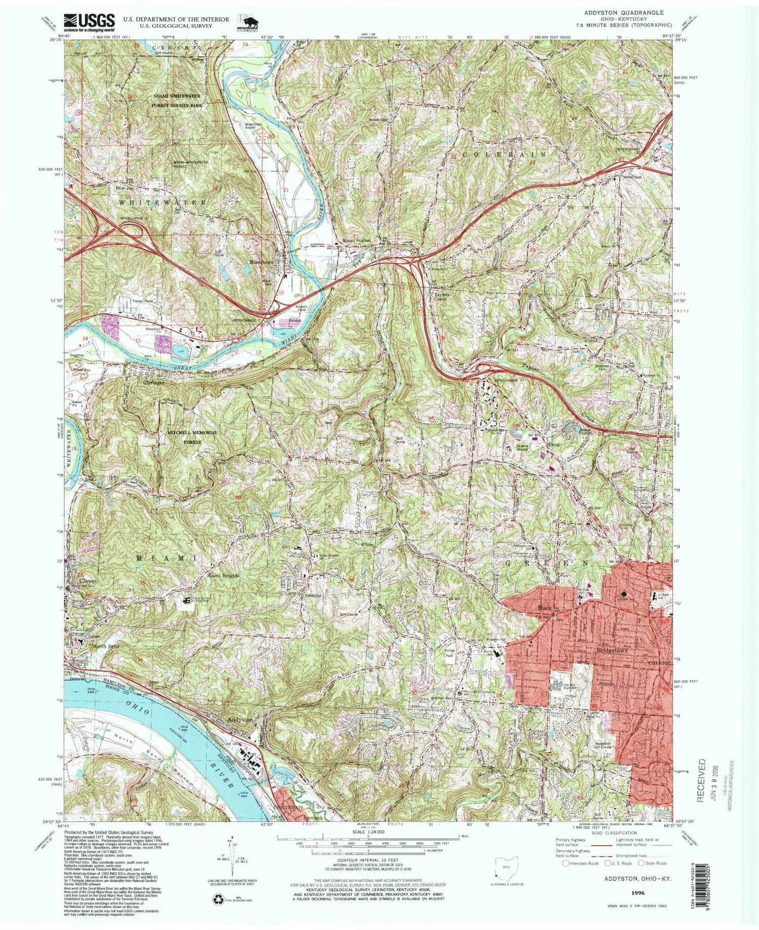 Classic USGS Addyston Ohio 7.5'x7.5' Topo Map Image