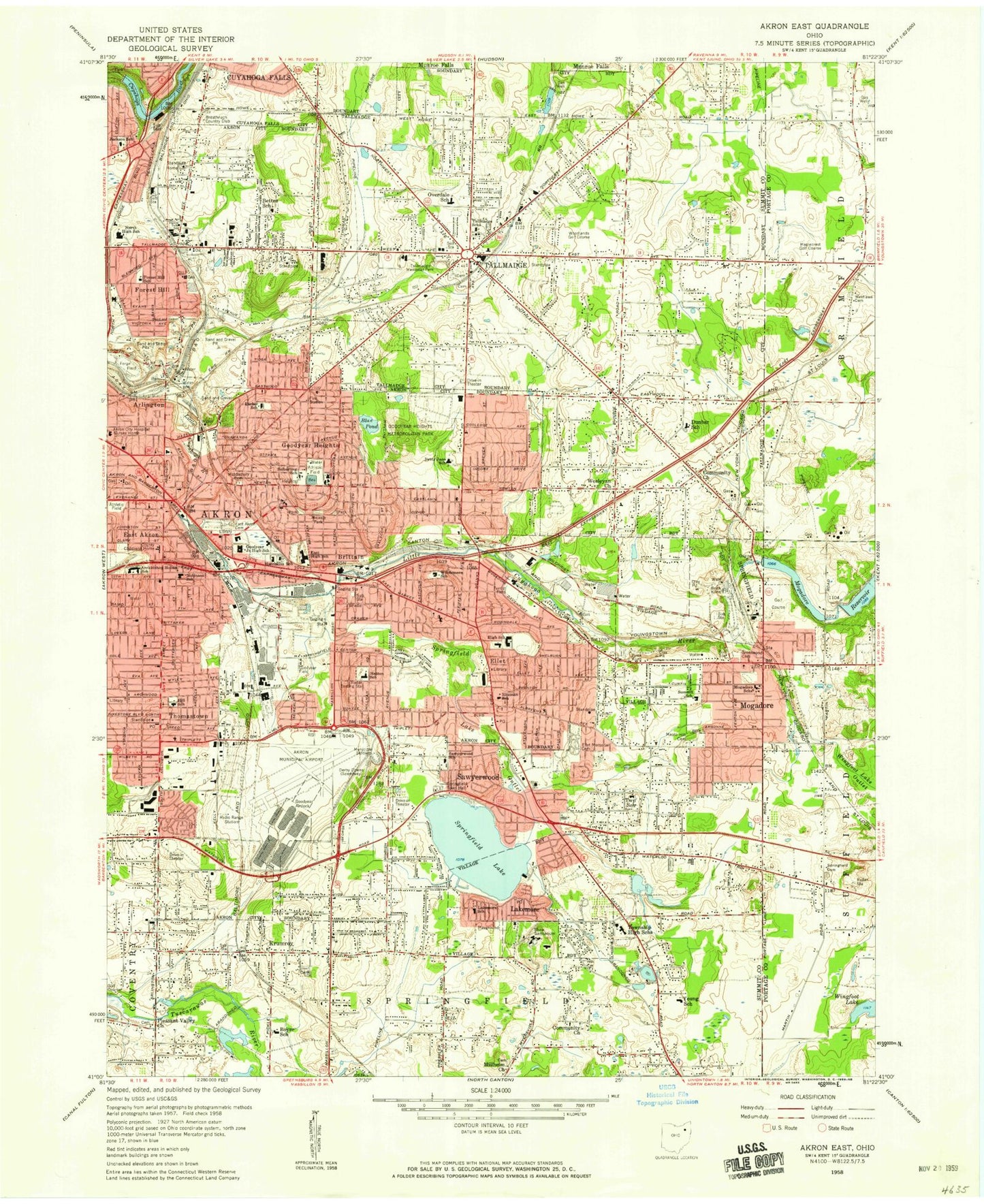 Classic USGS Akron East Ohio 7.5'x7.5' Topo Map Image