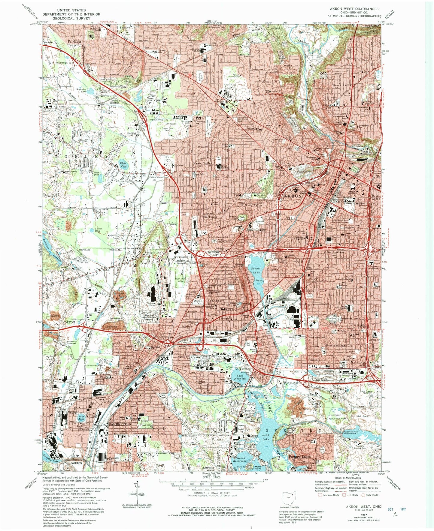 Classic USGS Akron West Ohio 7.5'x7.5' Topo Map Image