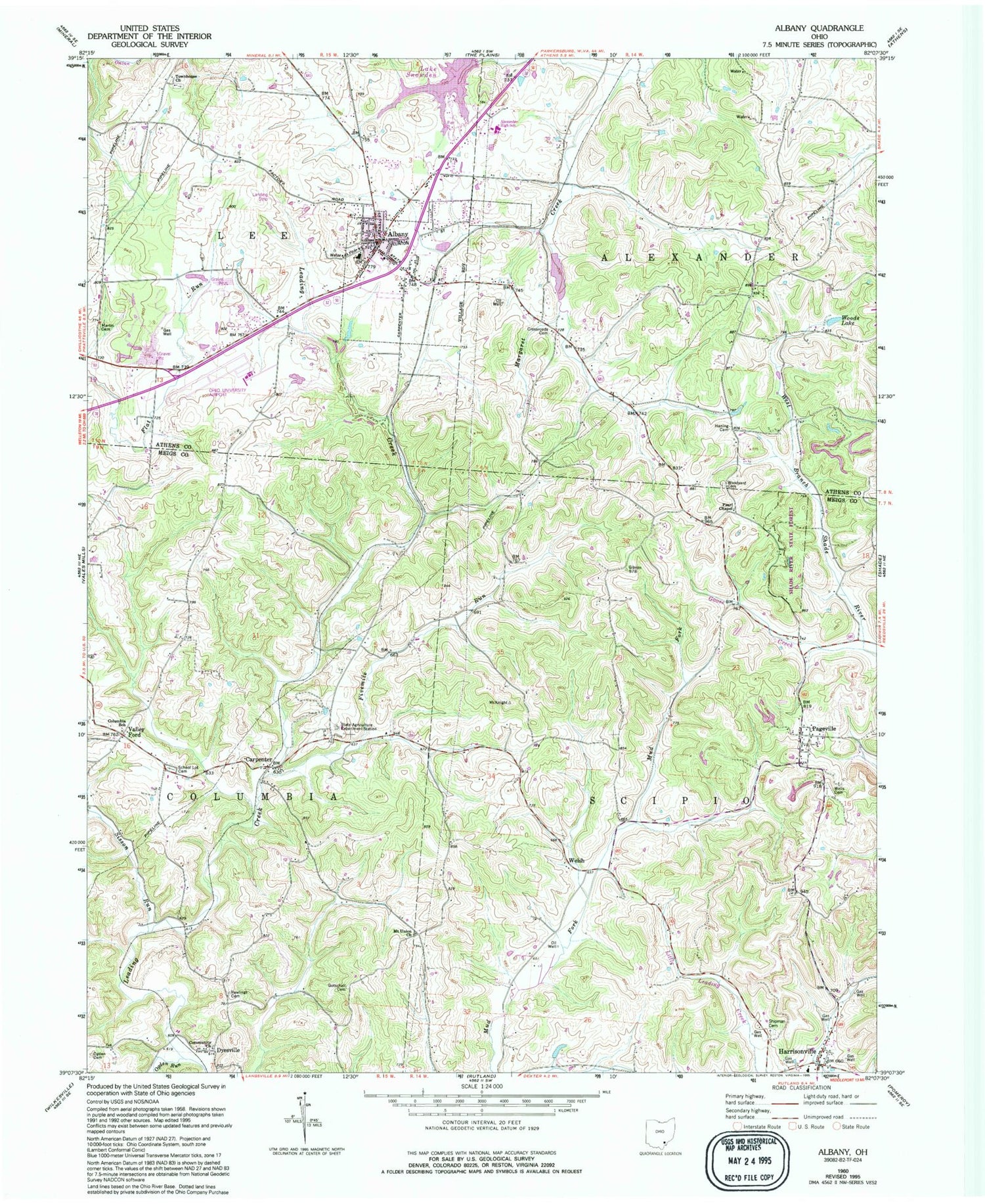 Classic USGS Albany Ohio 7.5'x7.5' Topo Map Image