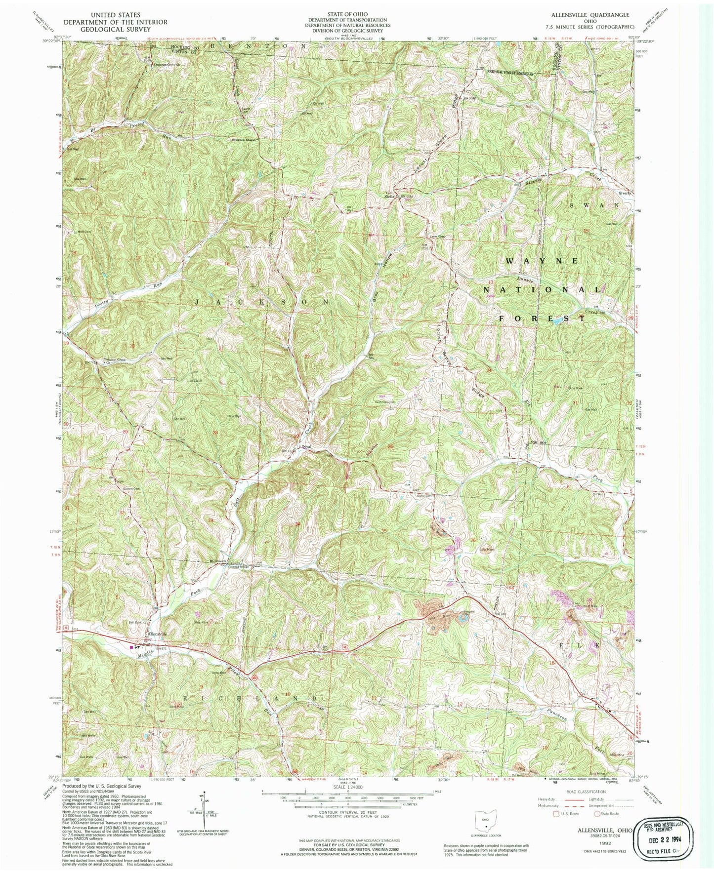 Classic USGS Allensville Ohio 7.5'x7.5' Topo Map Image
