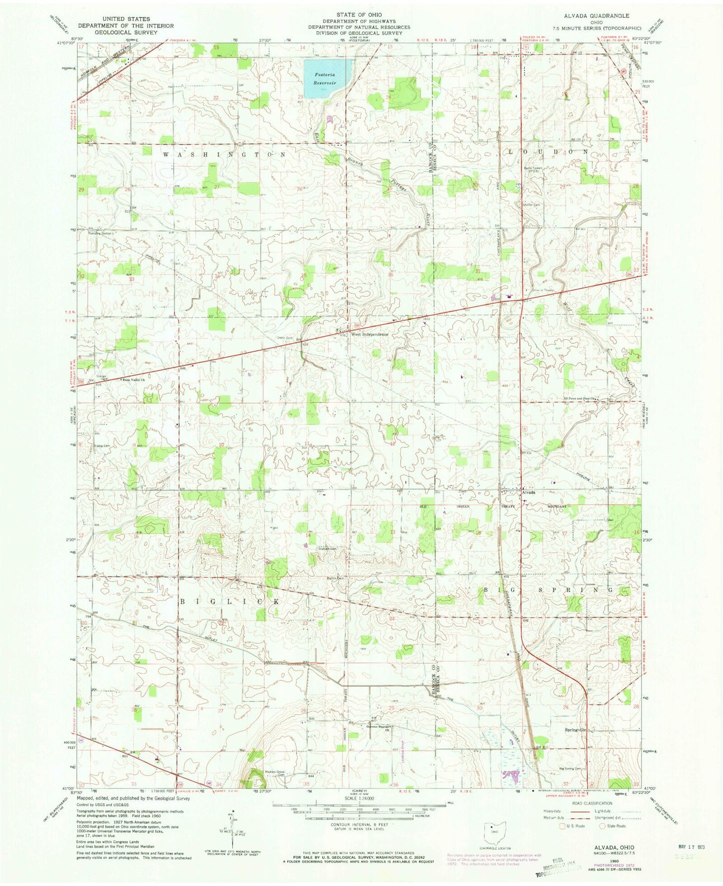 Classic USGS Alvada Ohio 7.5'x7.5' Topo Map Image