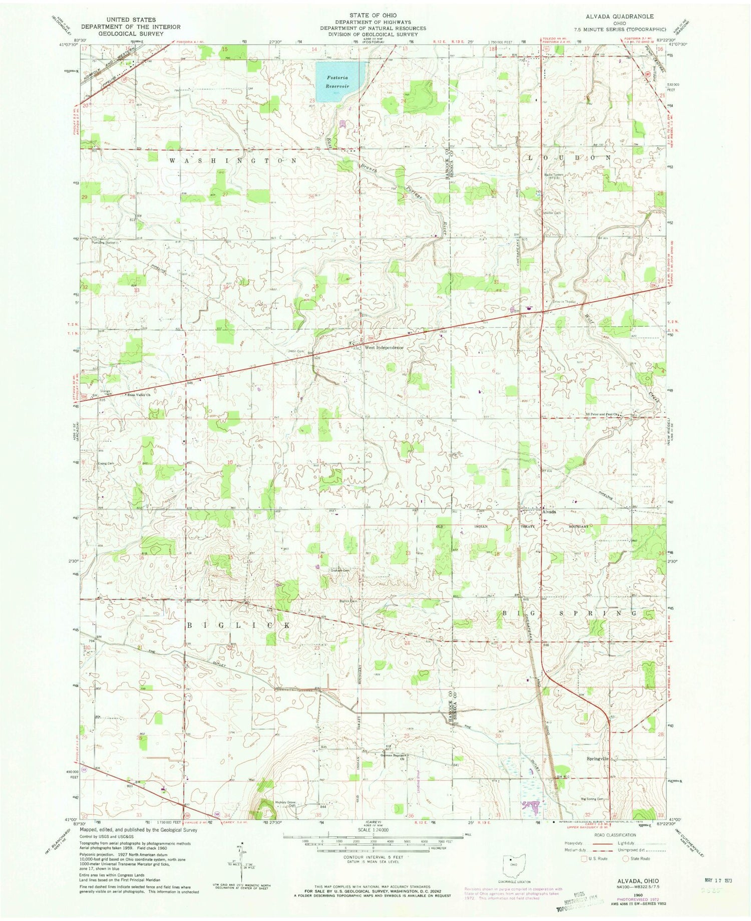 Classic USGS Alvada Ohio 7.5'x7.5' Topo Map Image