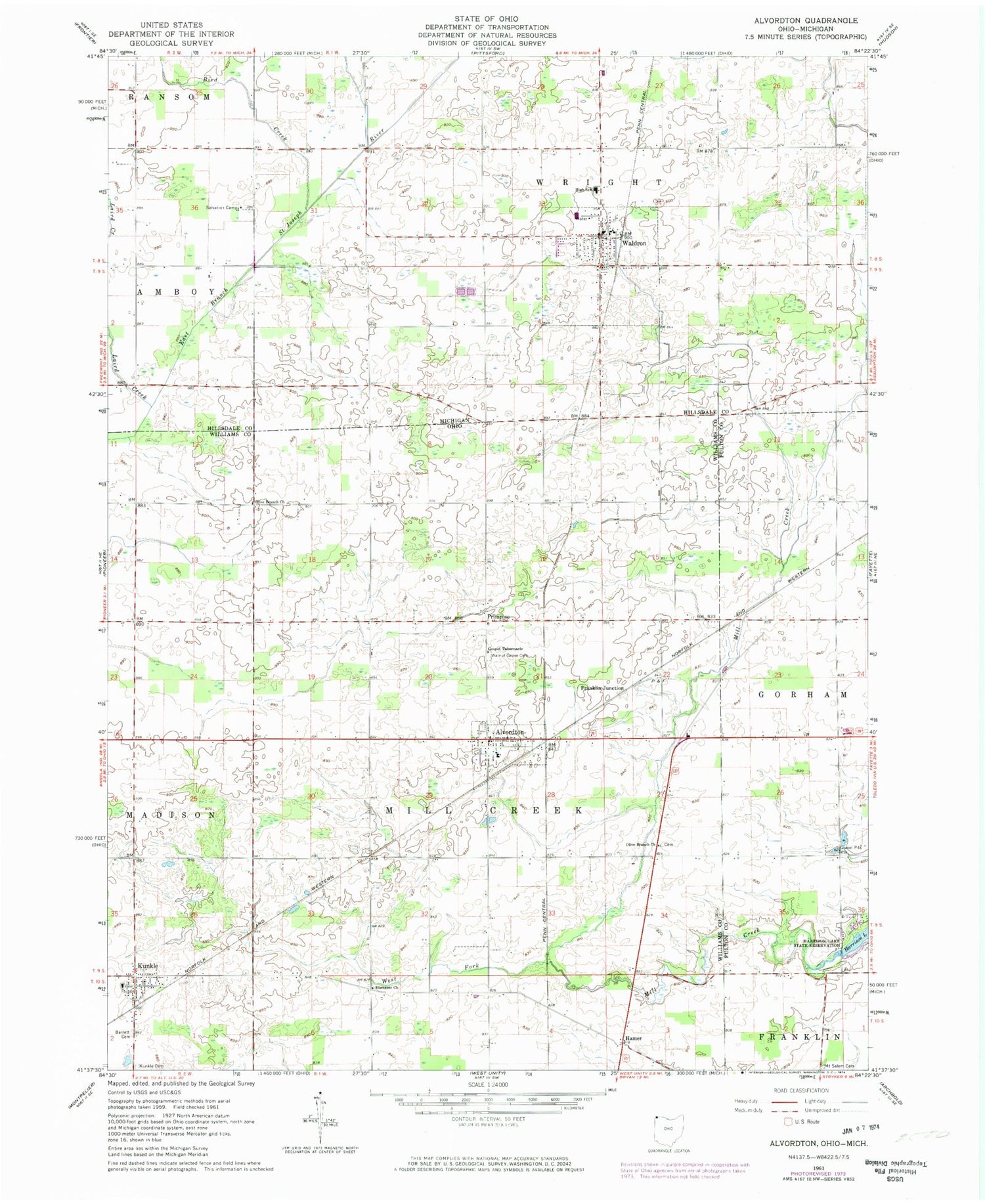 Classic USGS Alvordton Ohio 7.5'x7.5' Topo Map Image