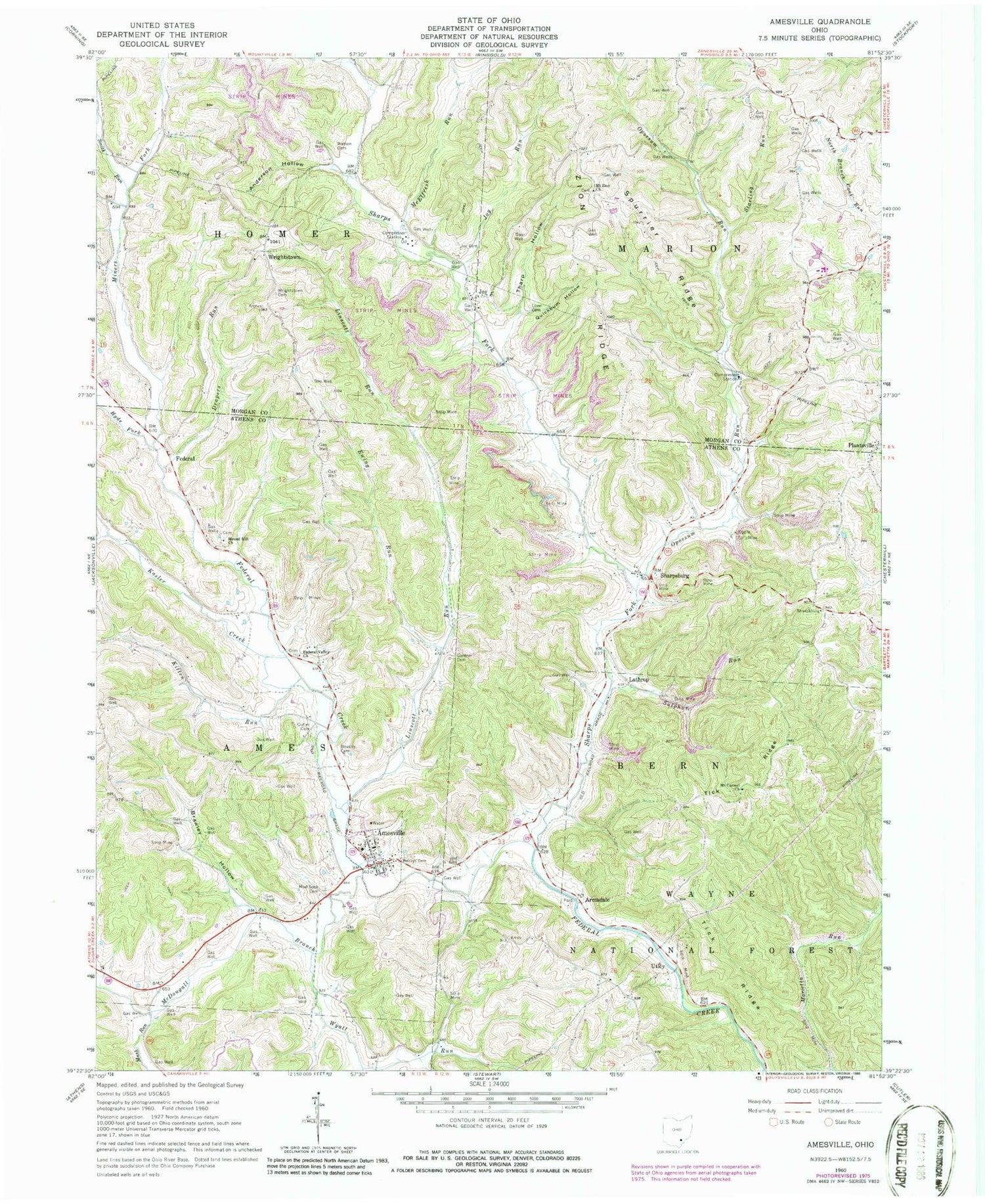 Classic USGS Amesville Ohio 7.5'x7.5' Topo Map Image
