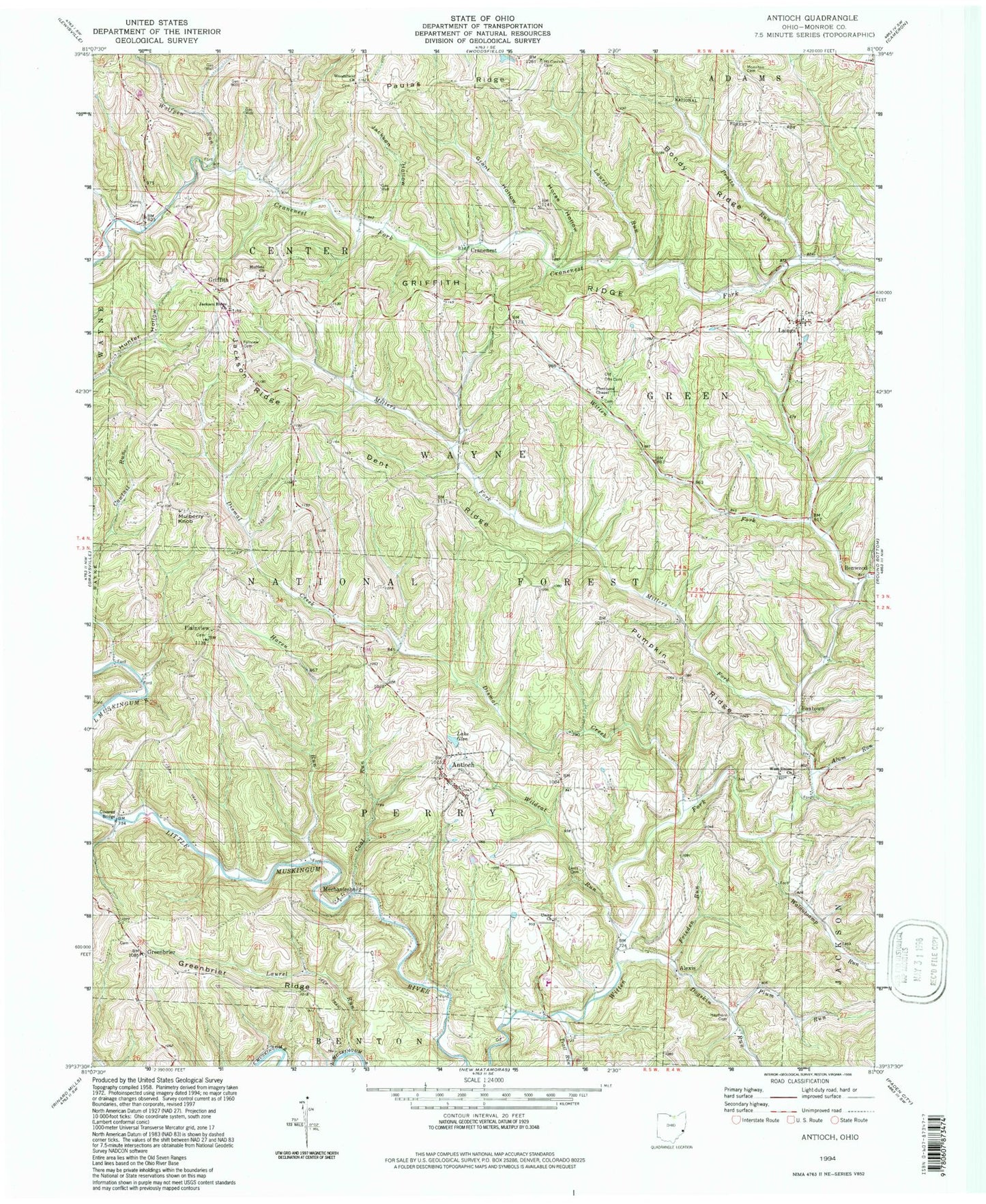 Classic USGS Antioch Ohio 7.5'x7.5' Topo Map Image