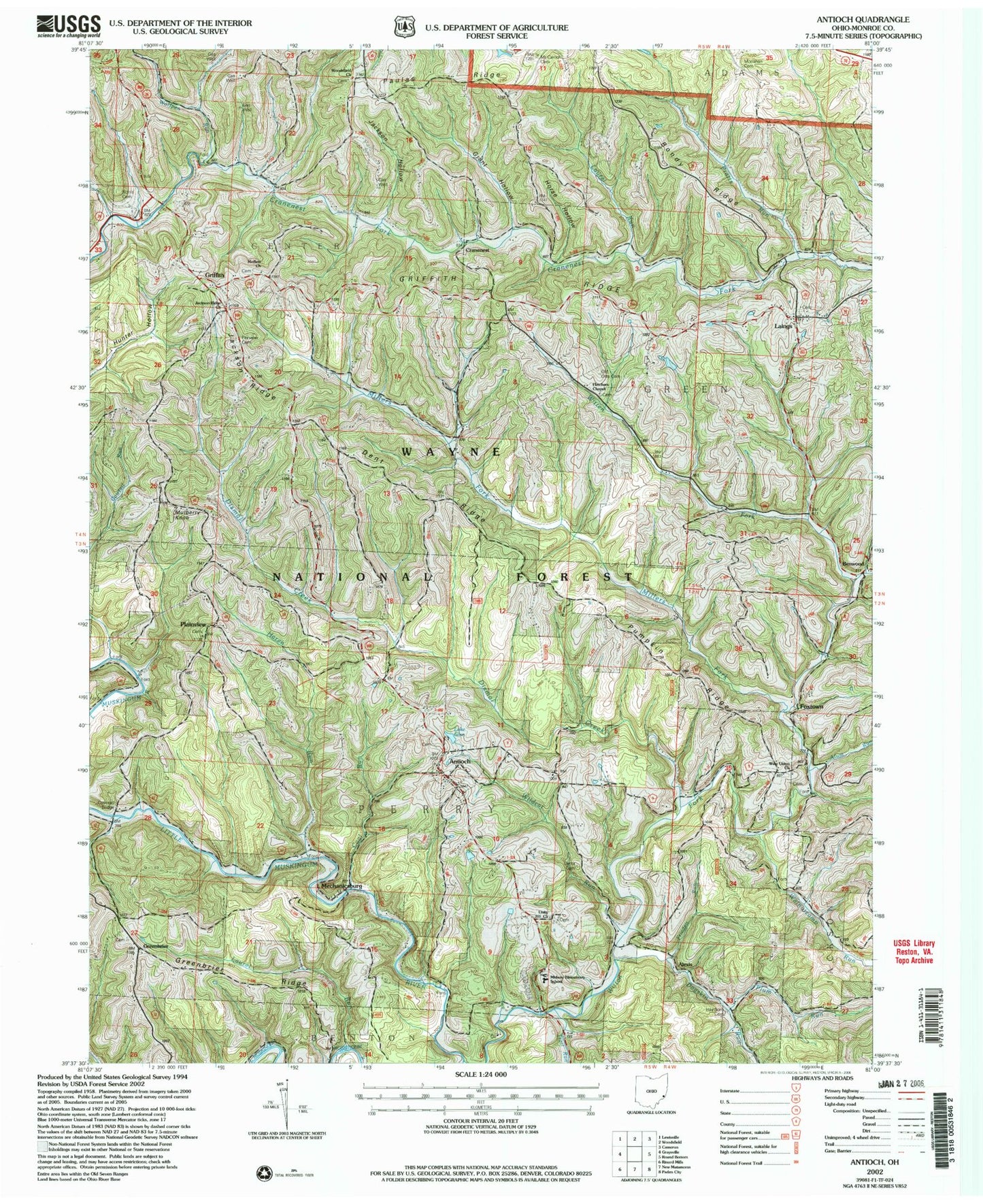 Classic USGS Antioch Ohio 7.5'x7.5' Topo Map Image