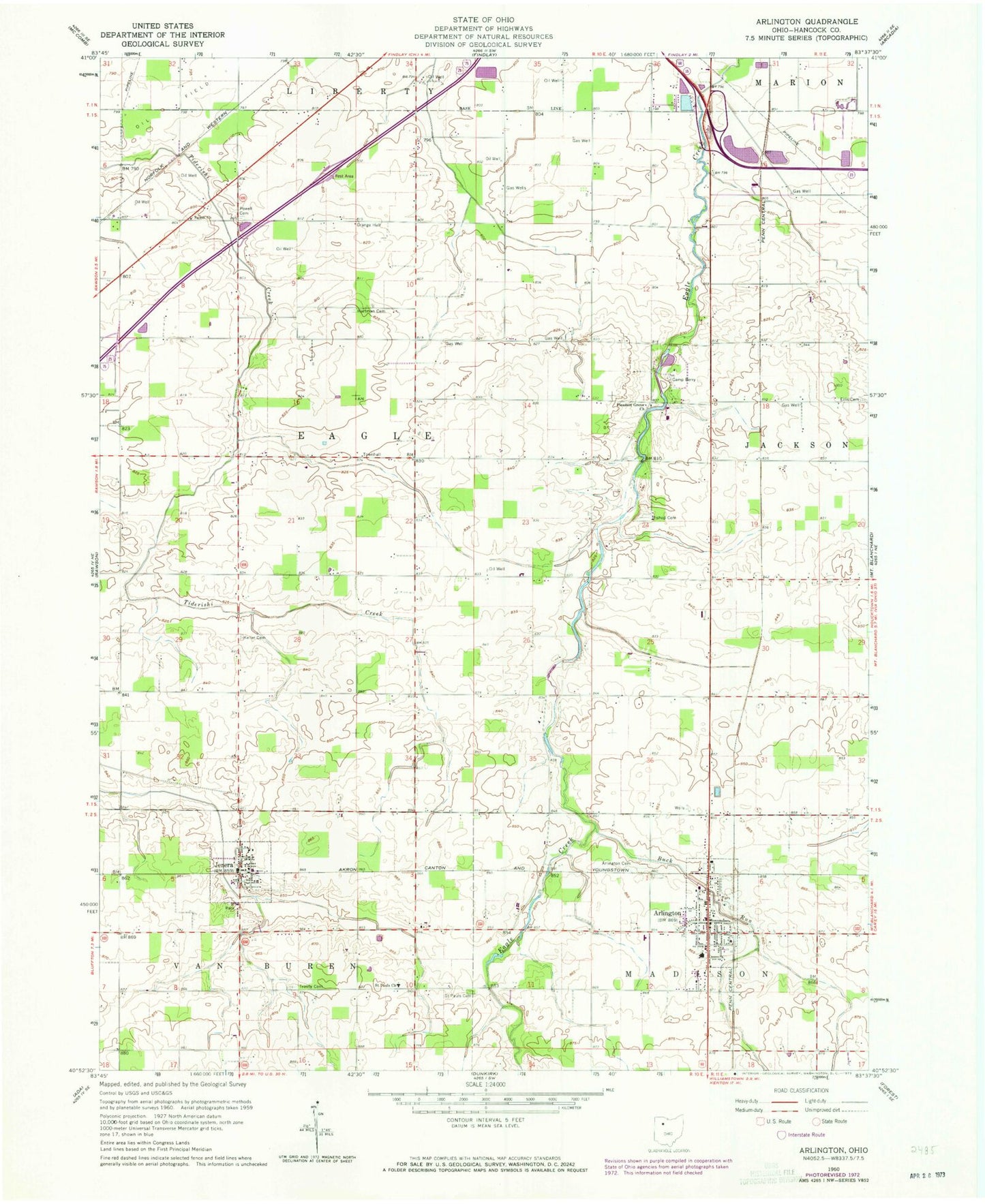 Classic USGS Arlington Ohio 7.5'x7.5' Topo Map Image