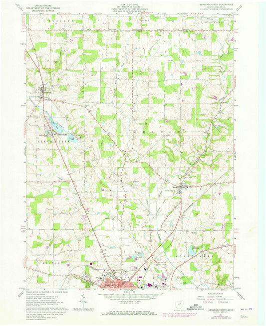 Classic USGS Ashland North Ohio 7.5'x7.5' Topo Map Image