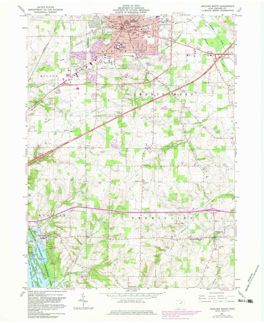 Classic USGS Ashland South Ohio 7.5'x7.5' Topo Map Image