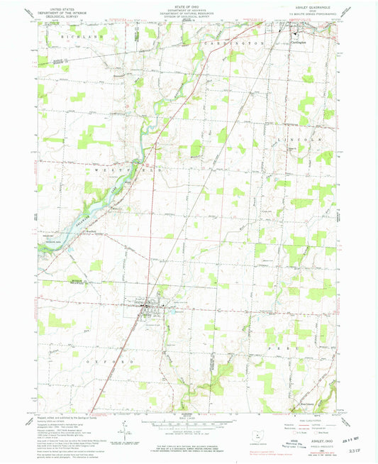 Classic USGS Ashley Ohio 7.5'x7.5' Topo Map Image