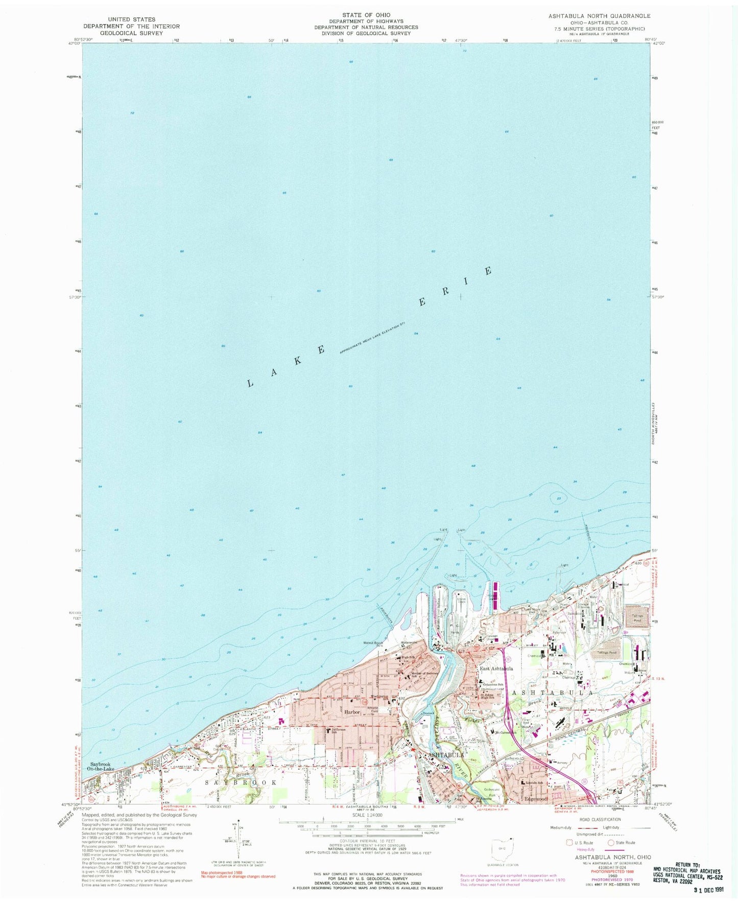 Classic USGS Ashtabula North Ohio 7.5'x7.5' Topo Map Image