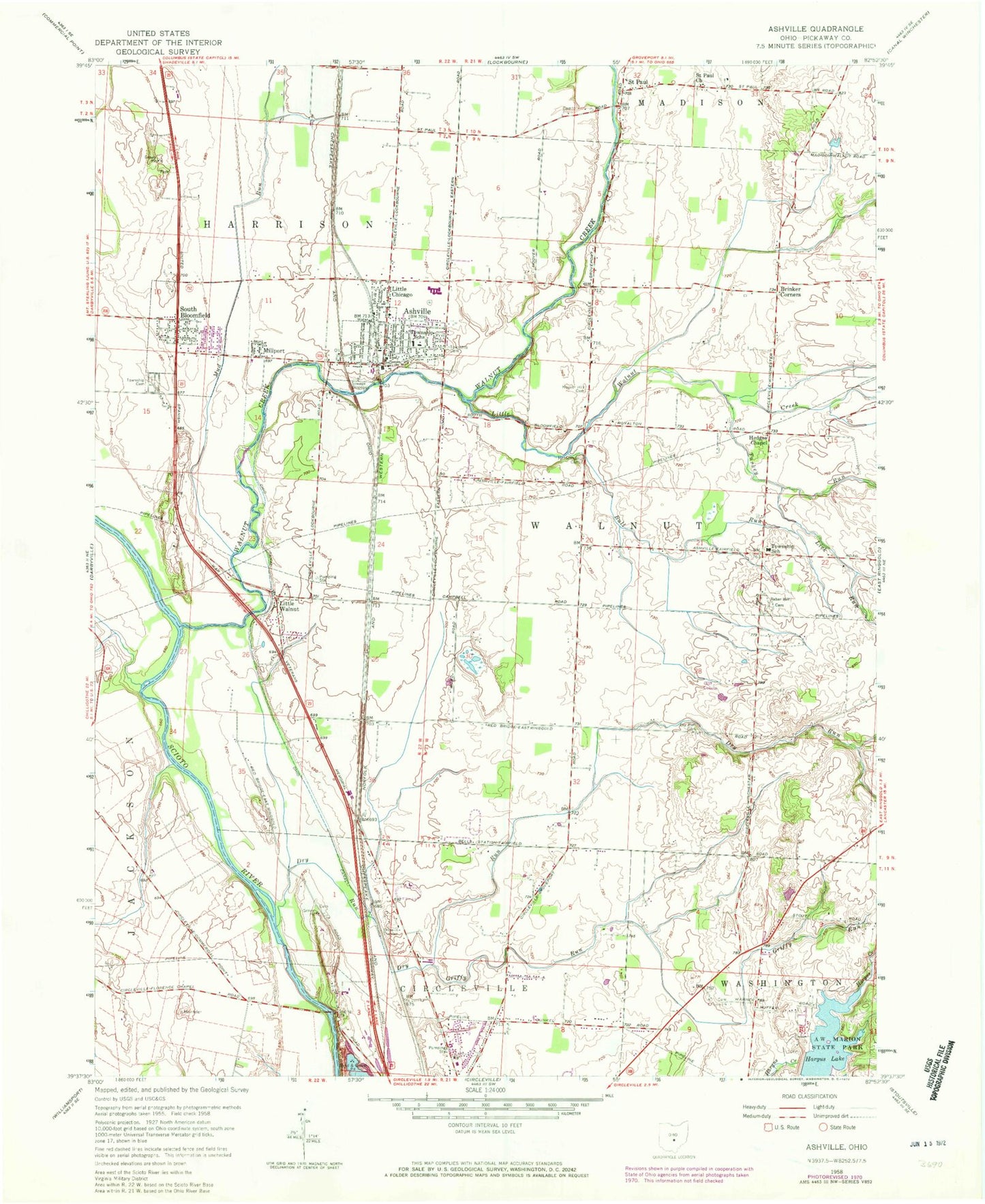 Classic USGS Ashville Ohio 7.5'x7.5' Topo Map Image