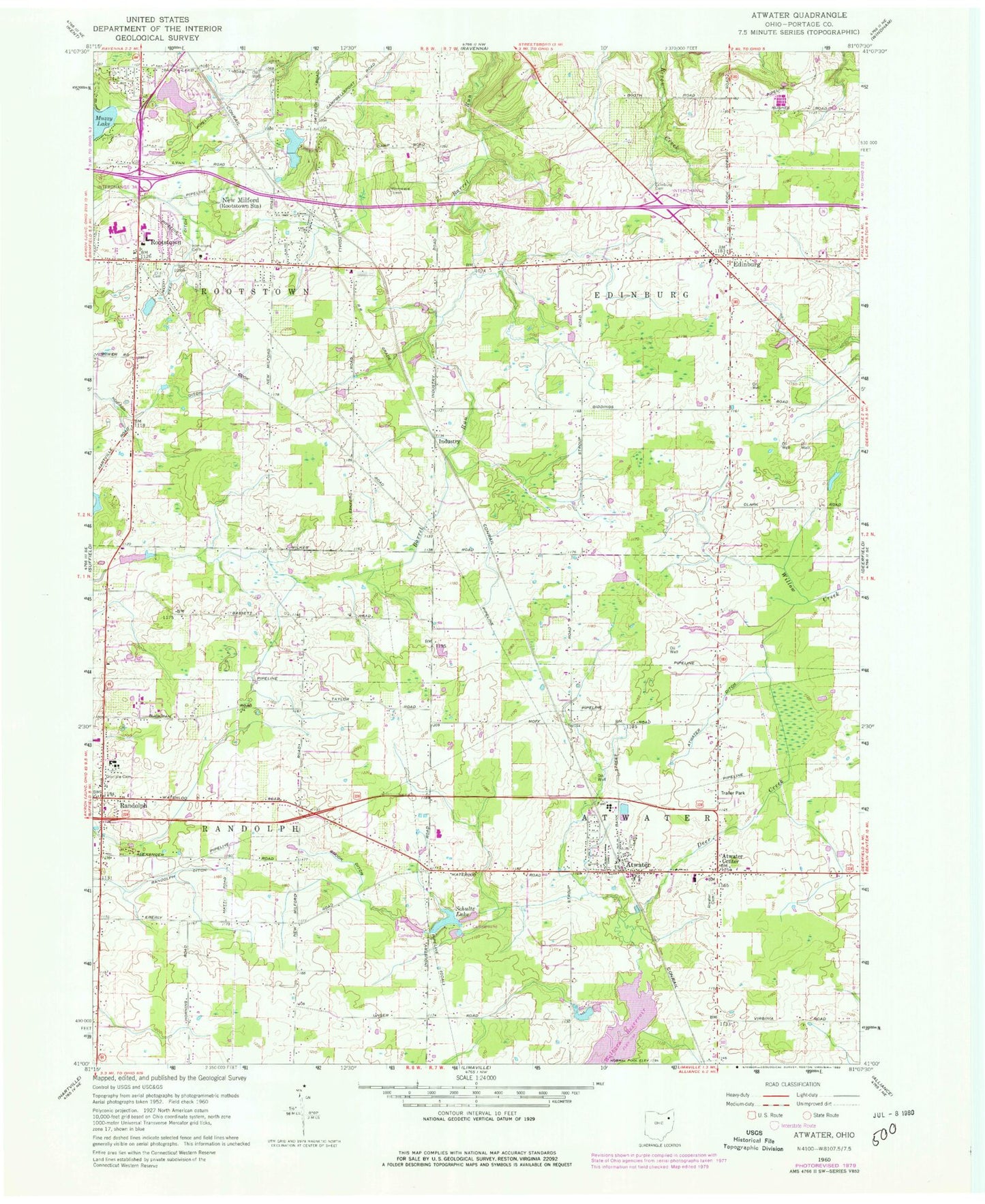 Classic USGS Atwater Ohio 7.5'x7.5' Topo Map Image
