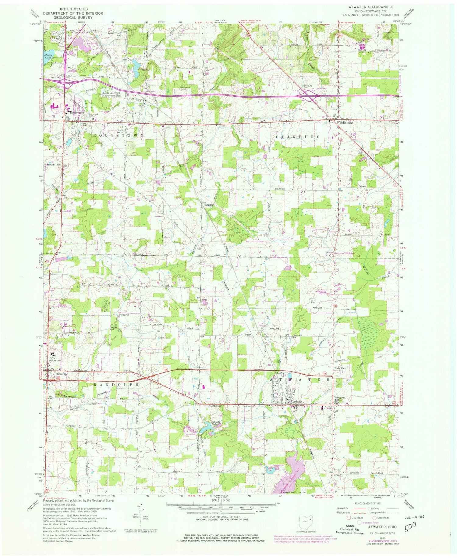 Classic USGS Atwater Ohio 7.5'x7.5' Topo Map Image