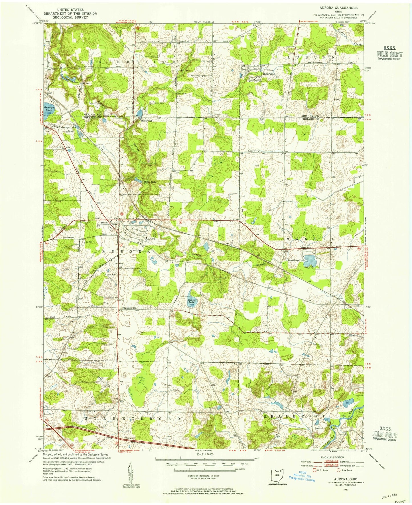 Classic USGS Aurora Ohio 7.5'x7.5' Topo Map Image