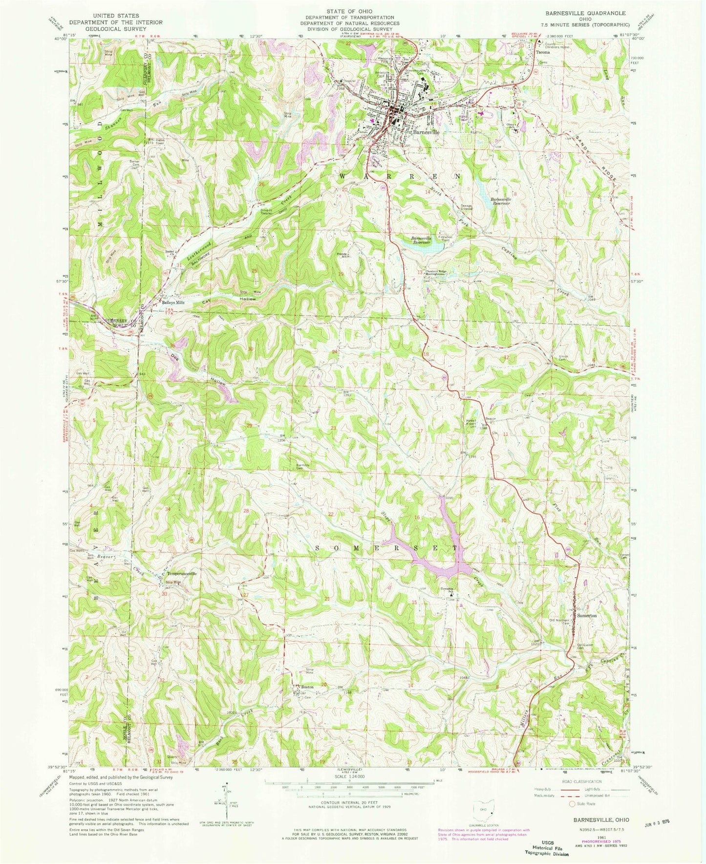 Classic USGS Barnesville Ohio 7.5'x7.5' Topo Map Image