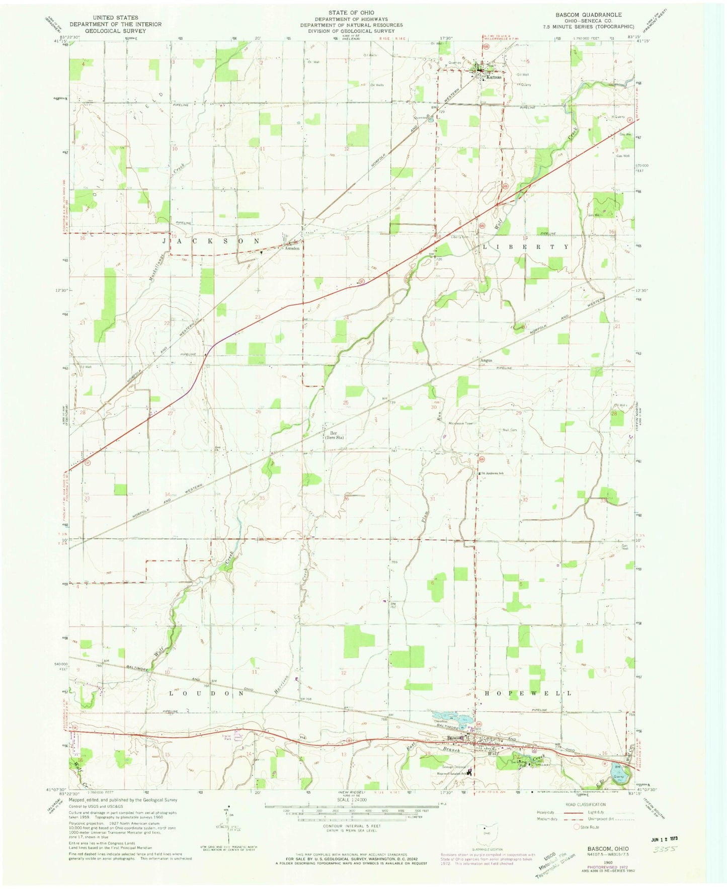 Classic USGS Bascom Ohio 7.5'x7.5' Topo Map Image
