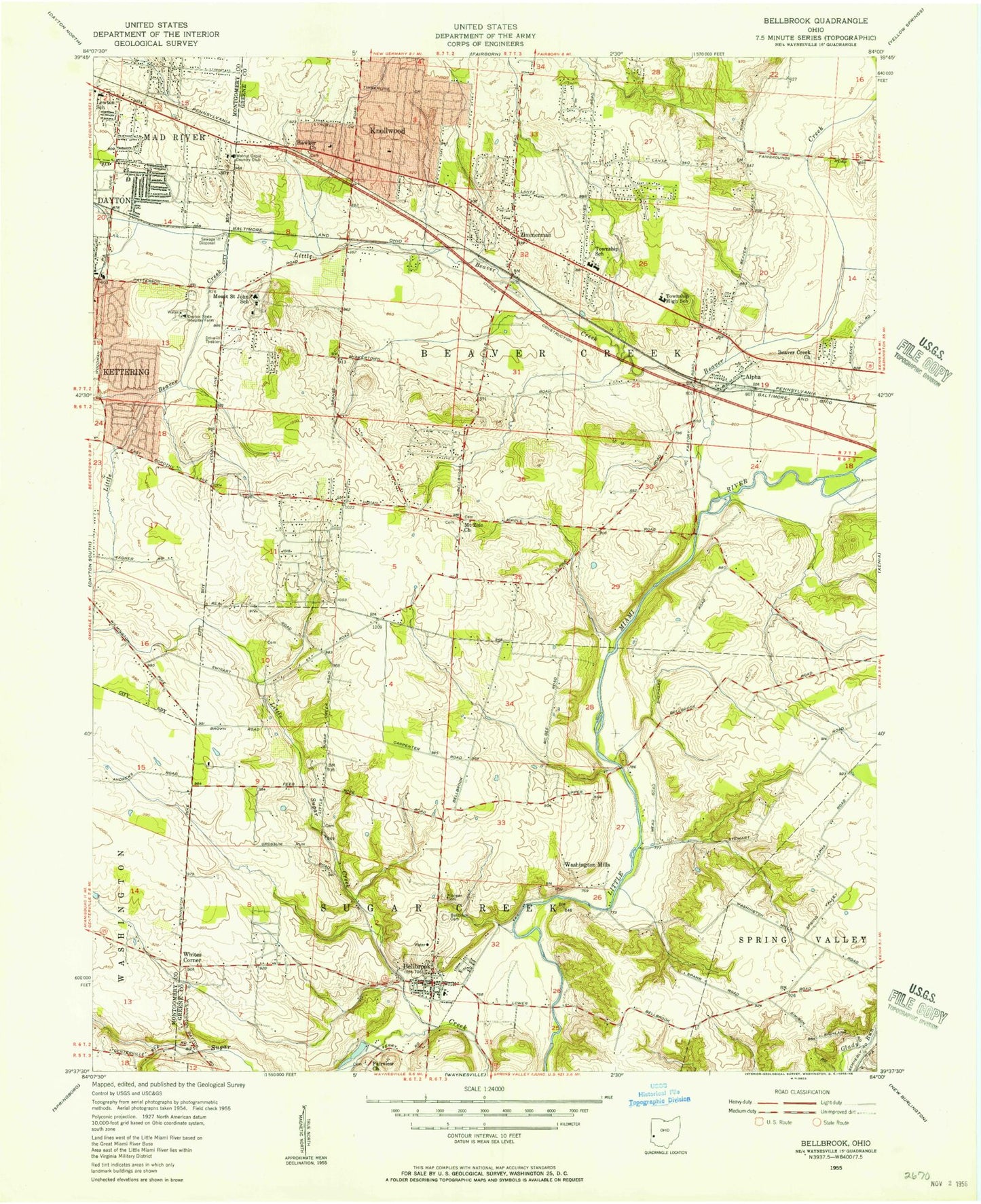 Classic USGS Bellbrook Ohio 7.5'x7.5' Topo Map Image