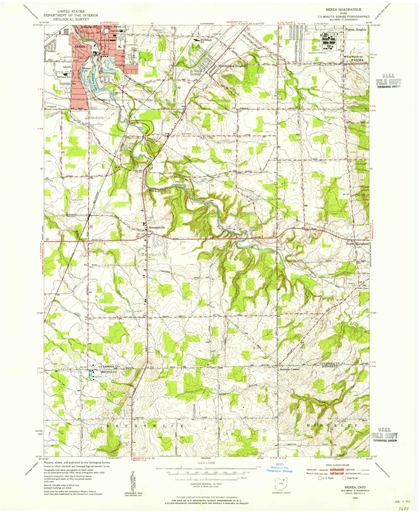 Classic USGS Berea Ohio 7.5'x7.5' Topo Map Image