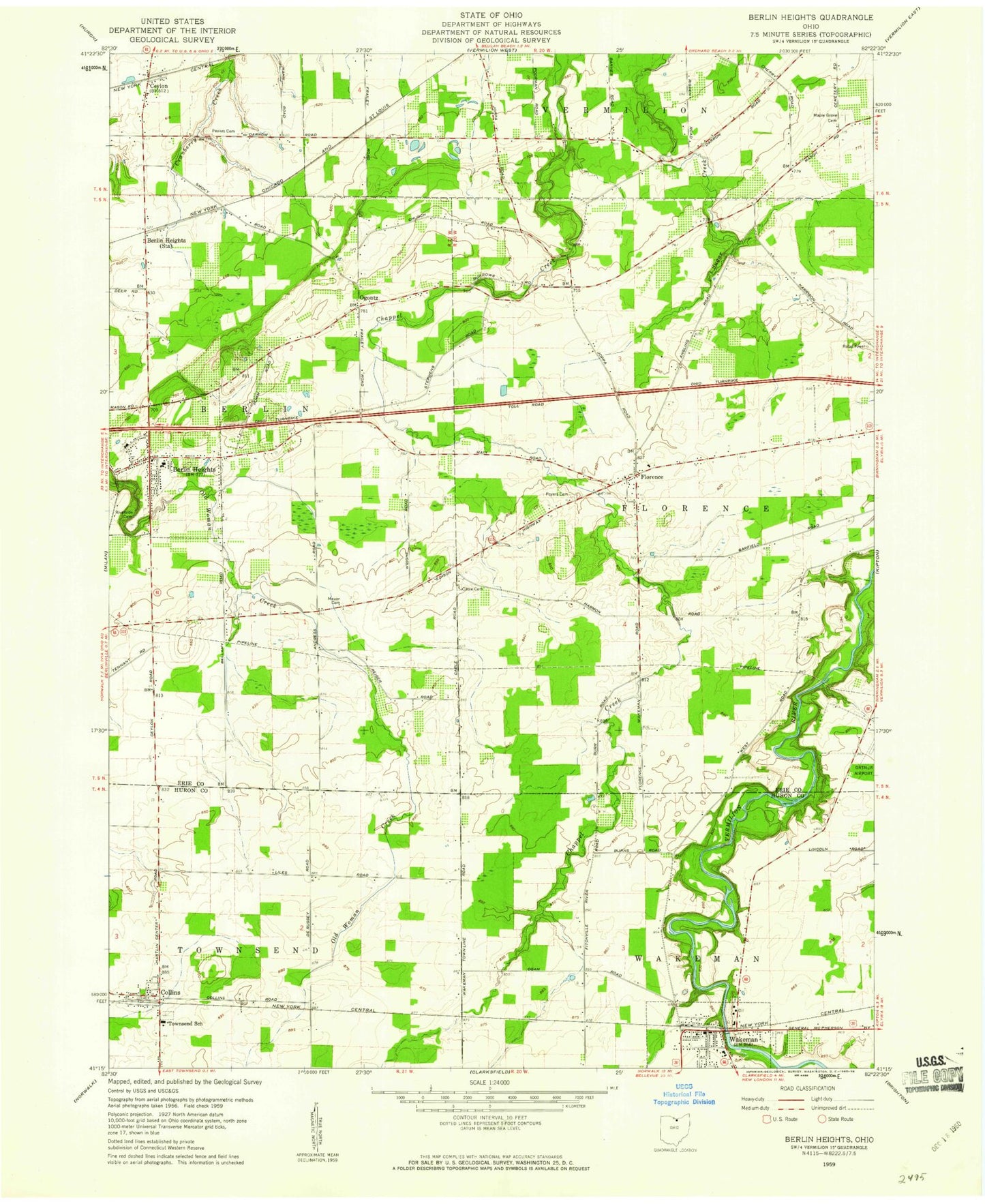 Classic USGS Berlin Heights Ohio 7.5'x7.5' Topo Map Image