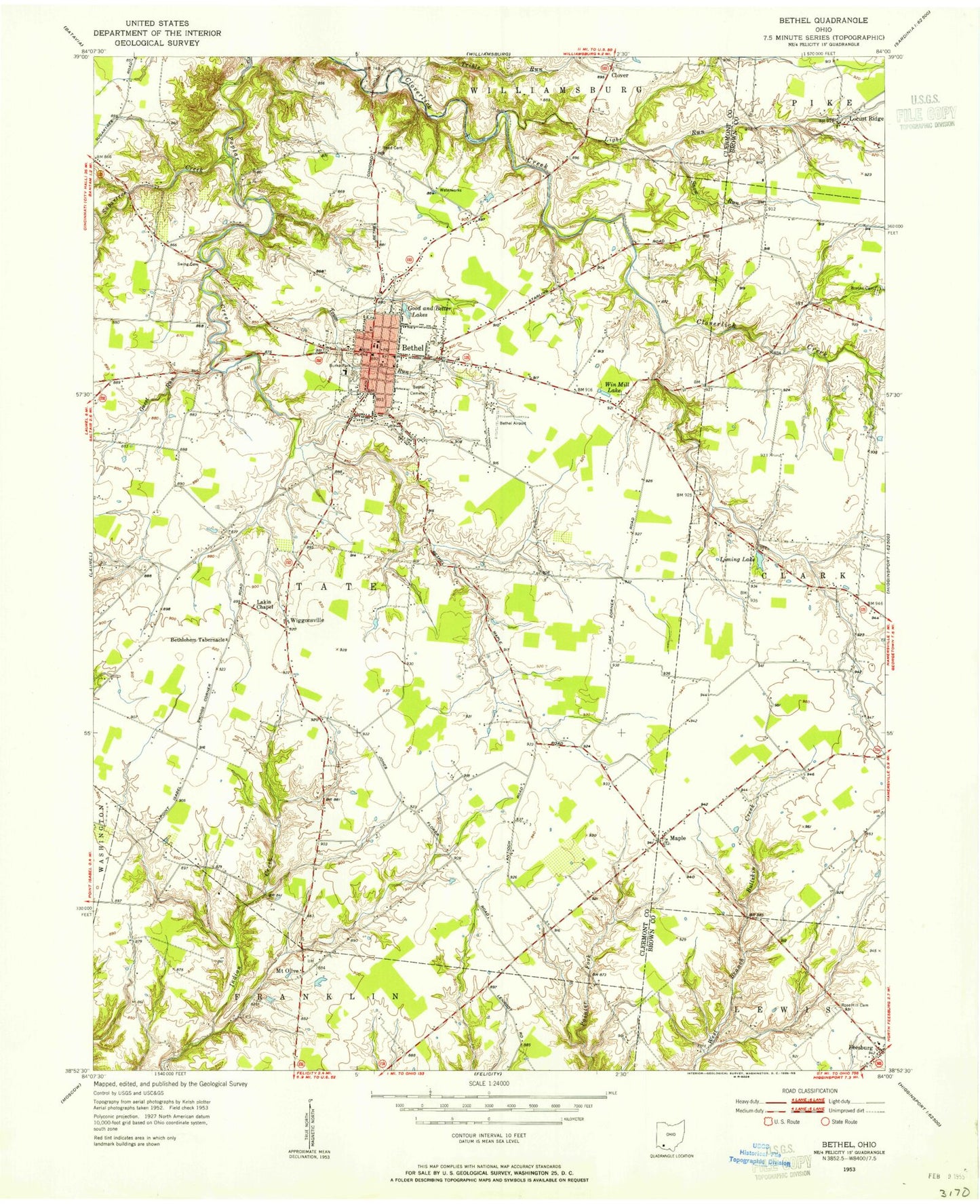 Classic USGS Bethel Ohio 7.5'x7.5' Topo Map Image