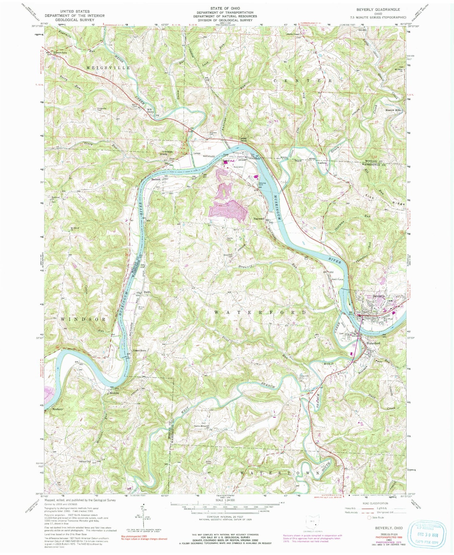 Classic USGS Beverly Ohio 7.5'x7.5' Topo Map Image