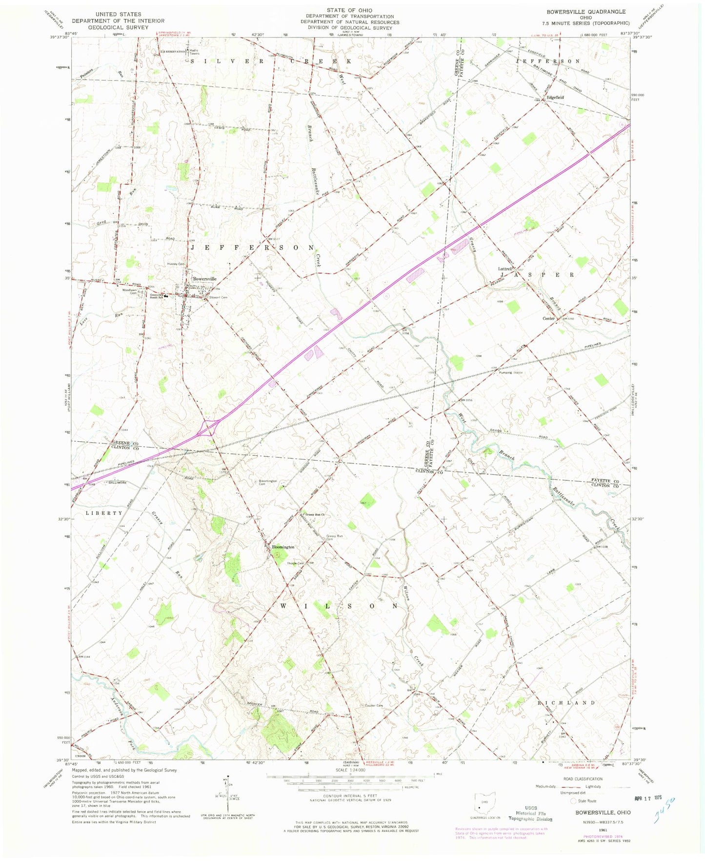 Classic USGS Bowersville Ohio 7.5'x7.5' Topo Map Image