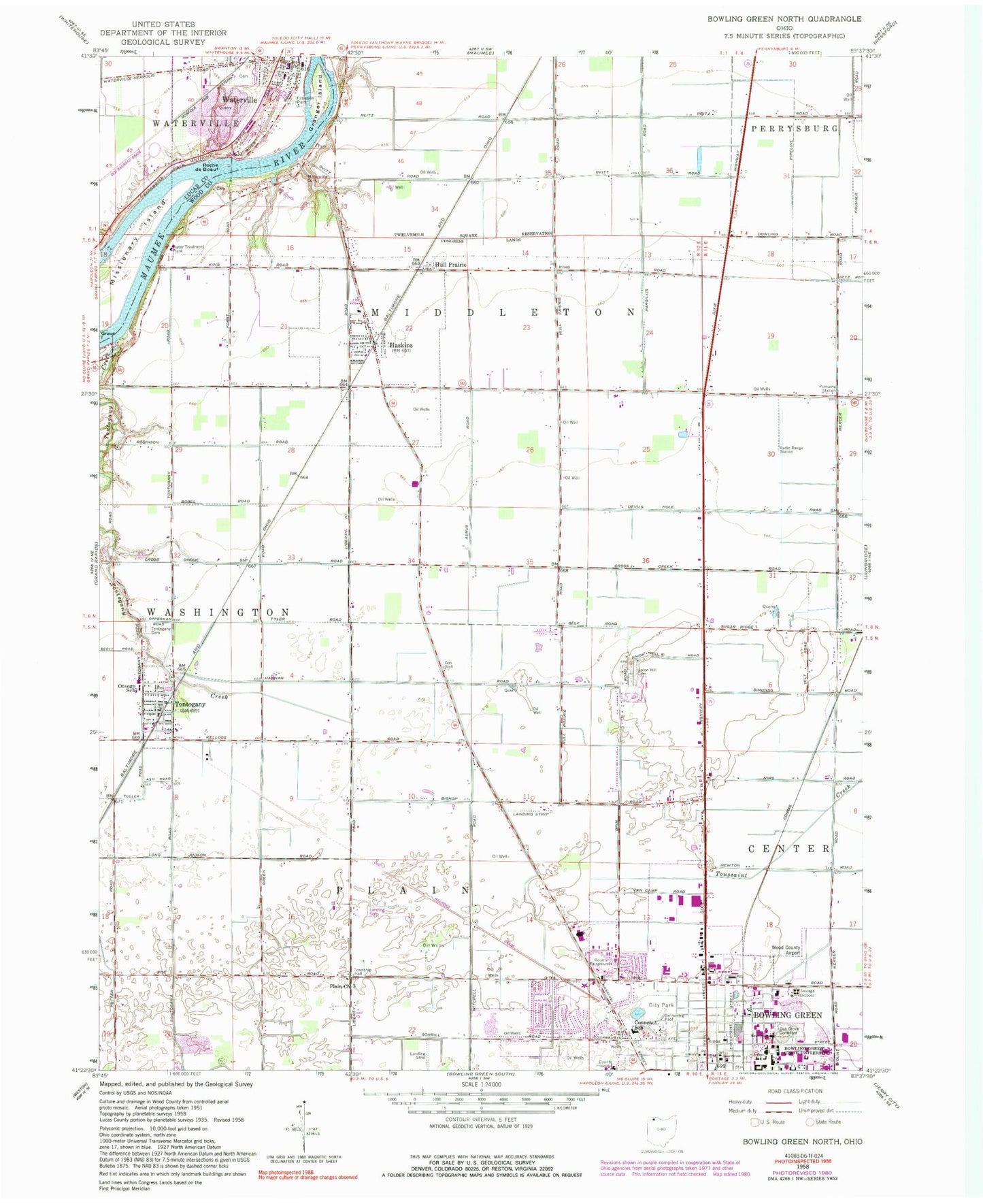 Classic USGS Bowling Green North Ohio 7.5'x7.5' Topo Map Image