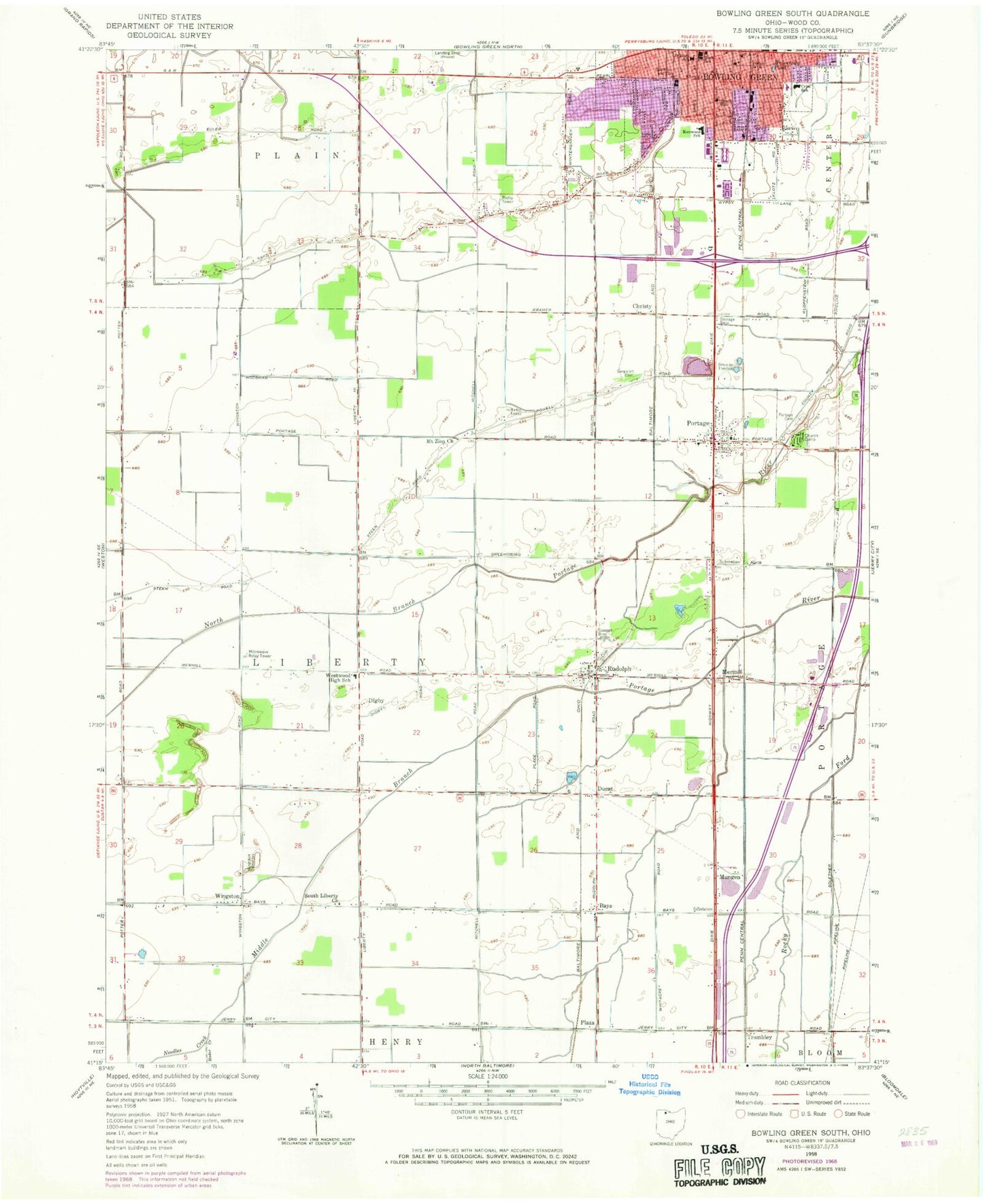 Classic USGS Bowling Green South Ohio 7.5'x7.5' Topo Map Image