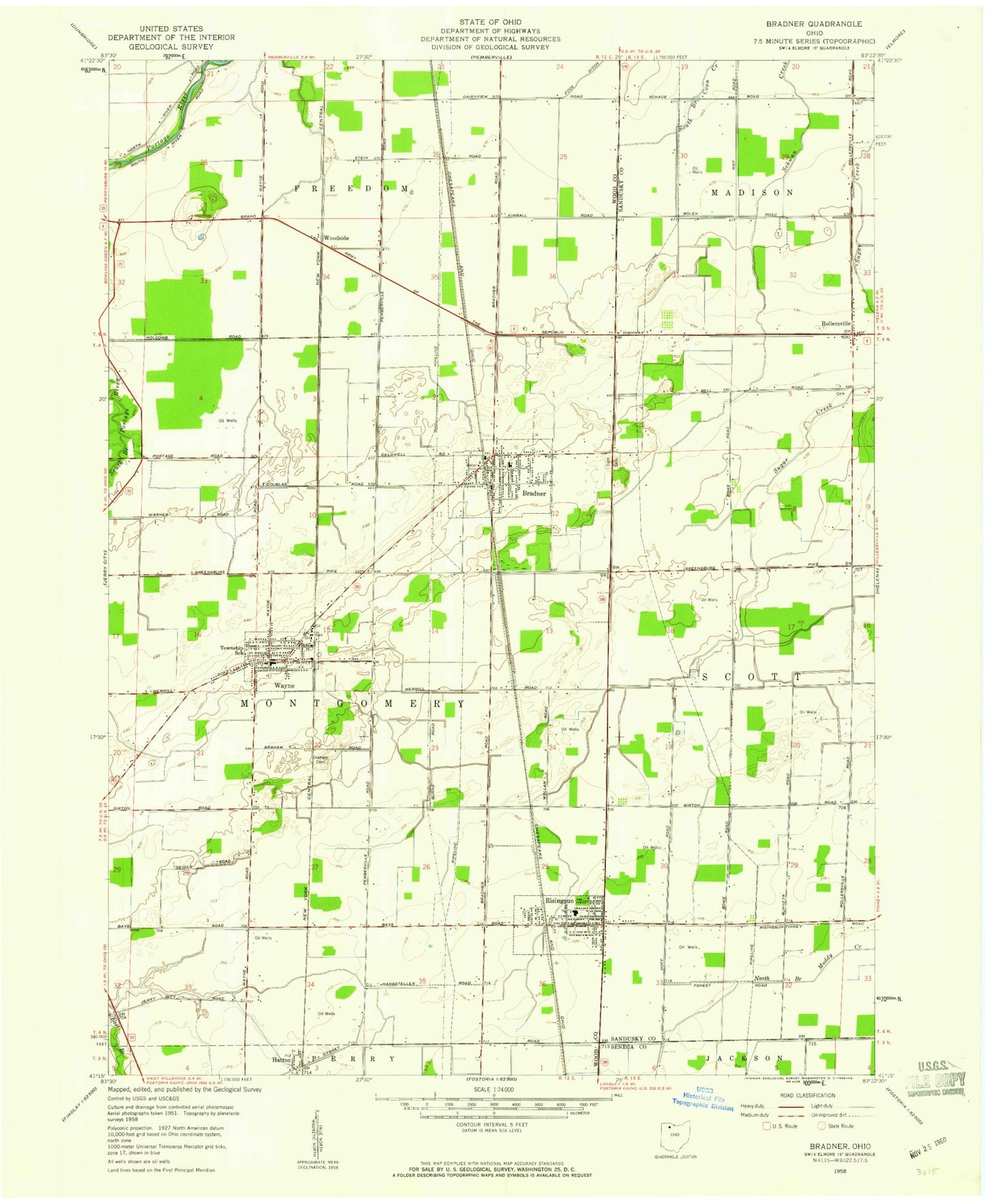 Classic USGS Bradner Ohio 7.5'x7.5' Topo Map Image