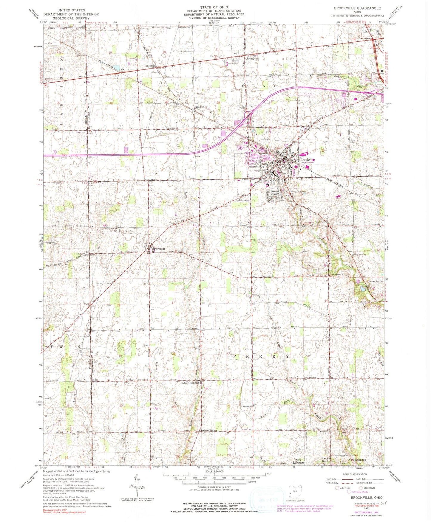 Classic USGS Brookville Ohio 7.5'x7.5' Topo Map Image