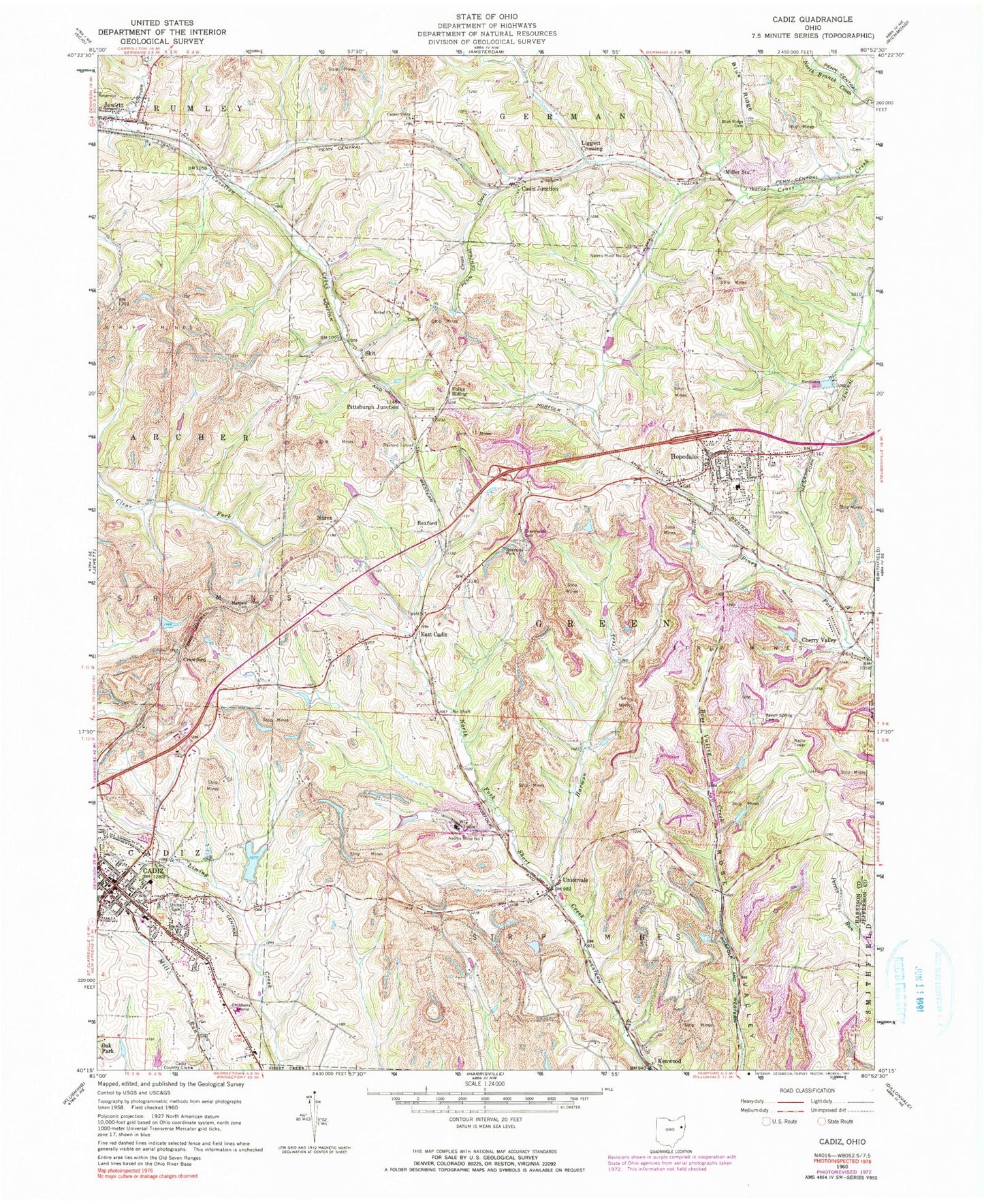 Classic USGS Cadiz Ohio 7.5'x7.5' Topo Map Image
