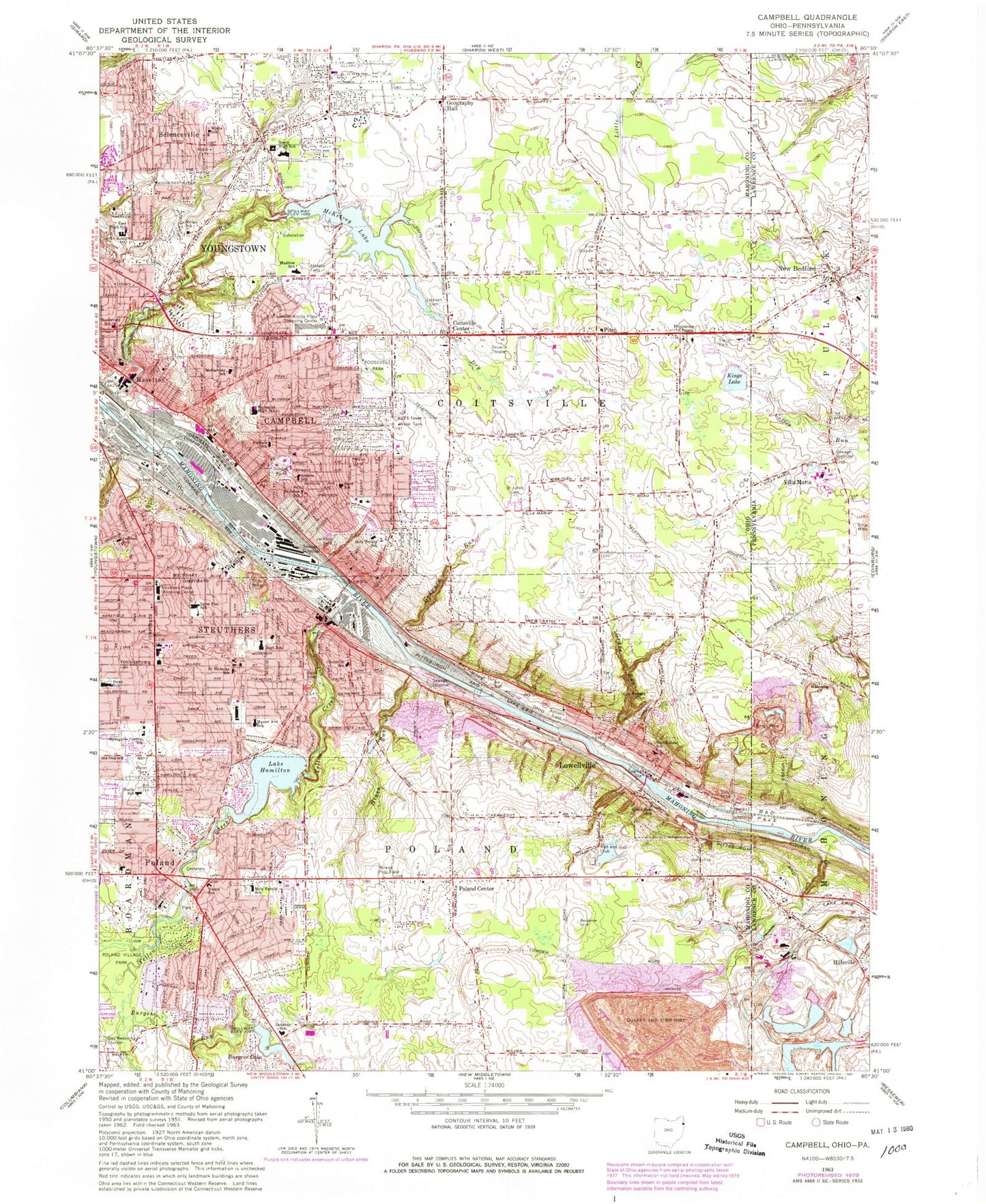 Classic USGS Campbell Ohio 7.5'x7.5' Topo Map Image