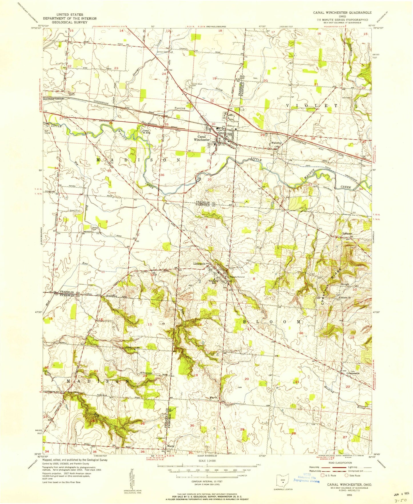 Classic USGS Canal Winchester Ohio 7.5'x7.5' Topo Map Image